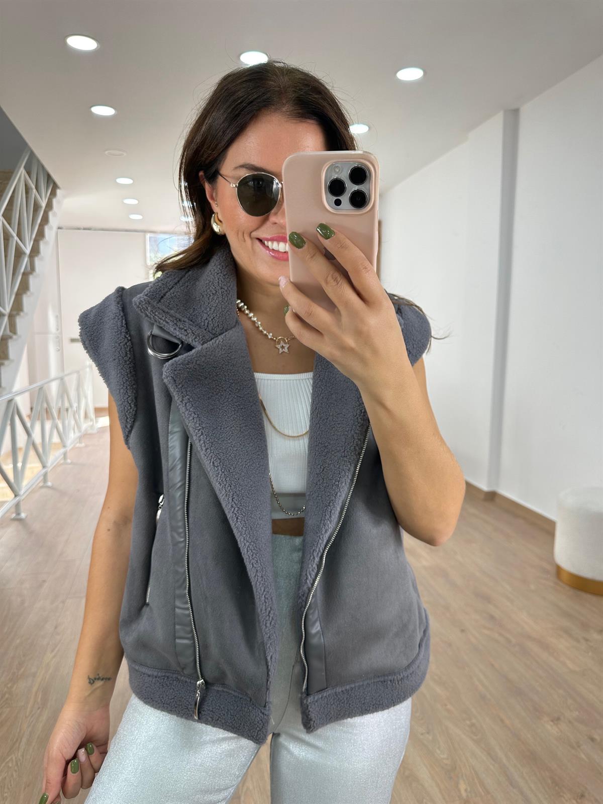 İçerisi Yumuşacık Kürklü Güderi Yelek -Gri