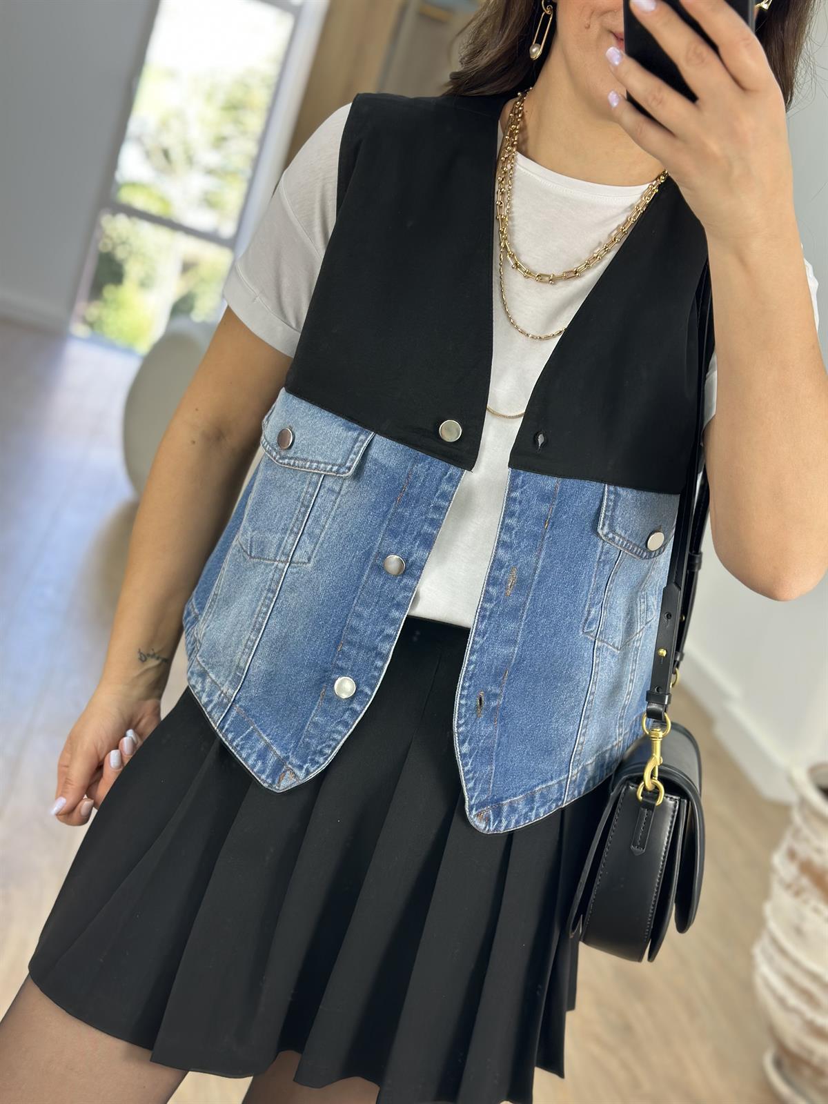 İçi Astarlı Denim Garnili Gabardin Yelek