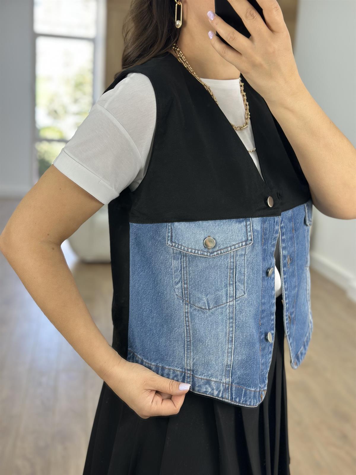 İçi Astarlı Denim Garnili Gabardin Yelek