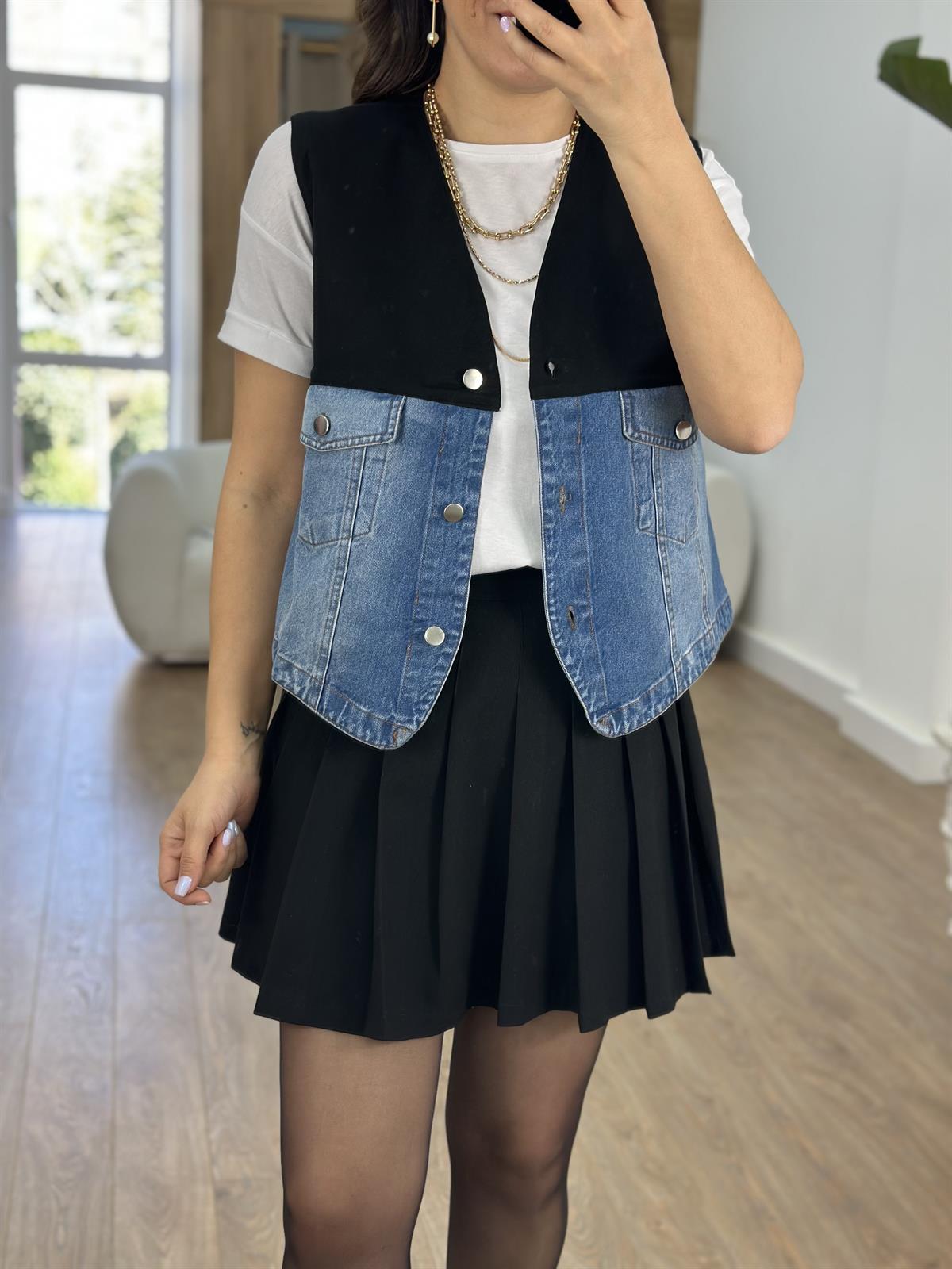 İçi Astarlı Denim Garnili Gabardin Yelek