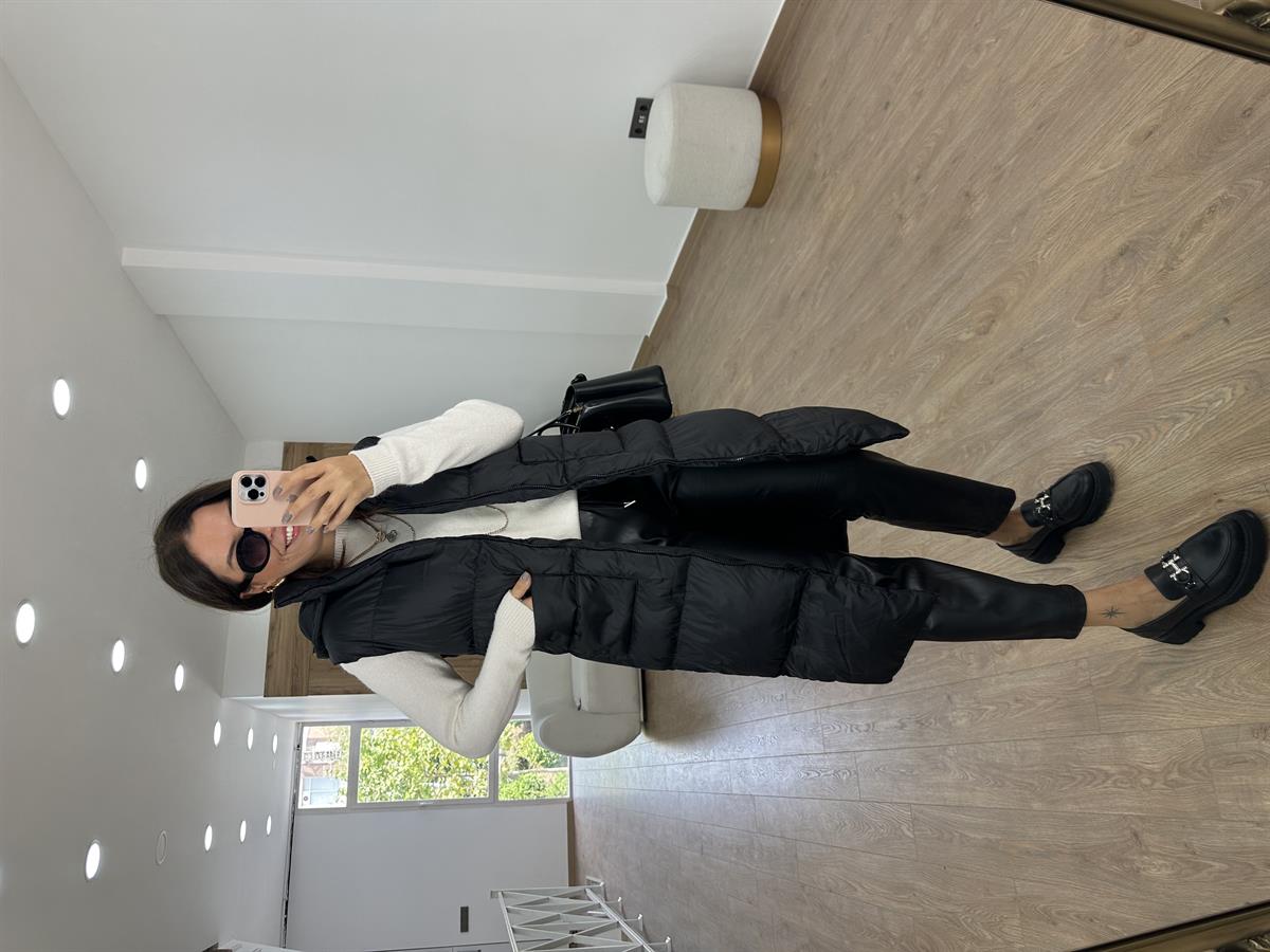 İçi Astarlı Uzun Şişme Yelek-Siyah