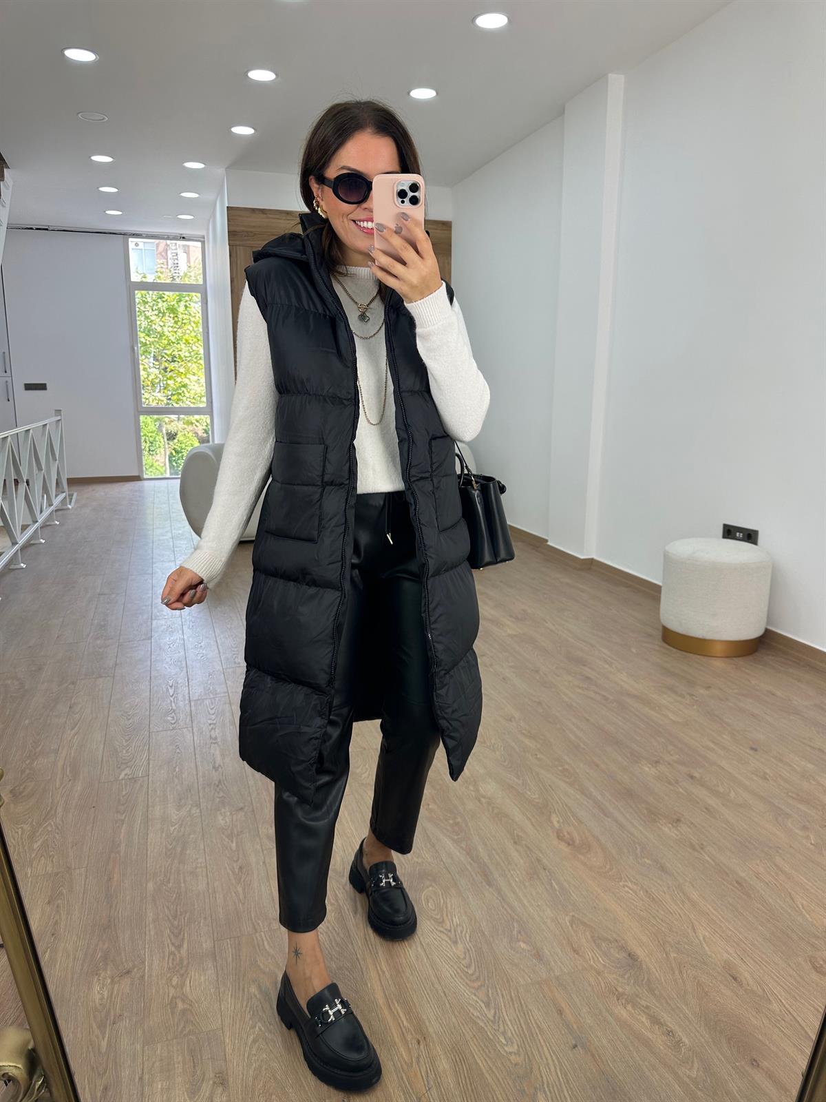 İçi Astarlı Uzun Şişme Yelek-Siyah