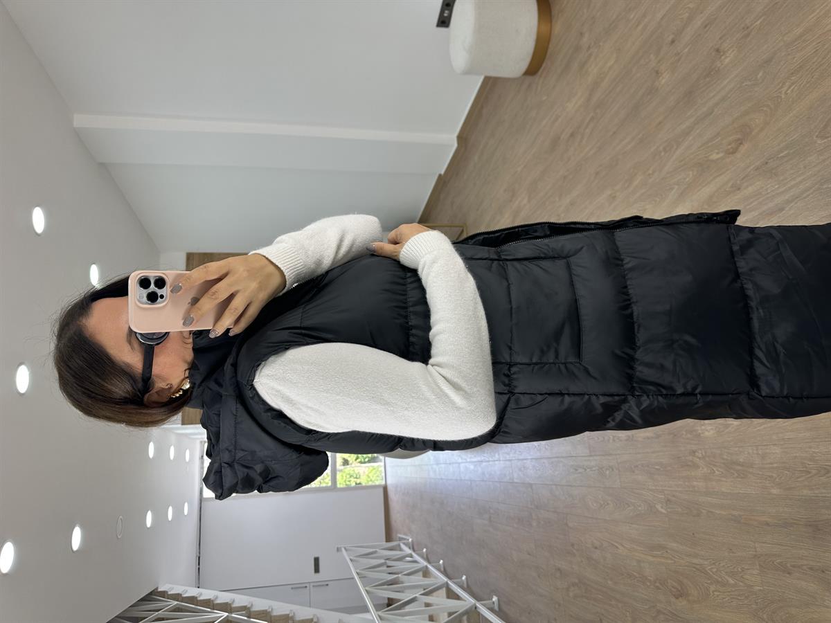 İçi Astarlı Uzun Şişme Yelek-Siyah