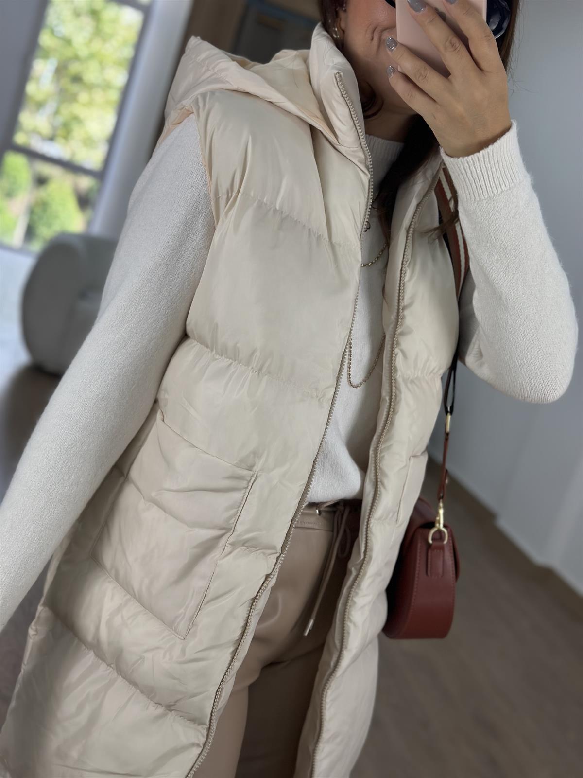 İçi Astarlı Uzun Şişme Yelek-Taş