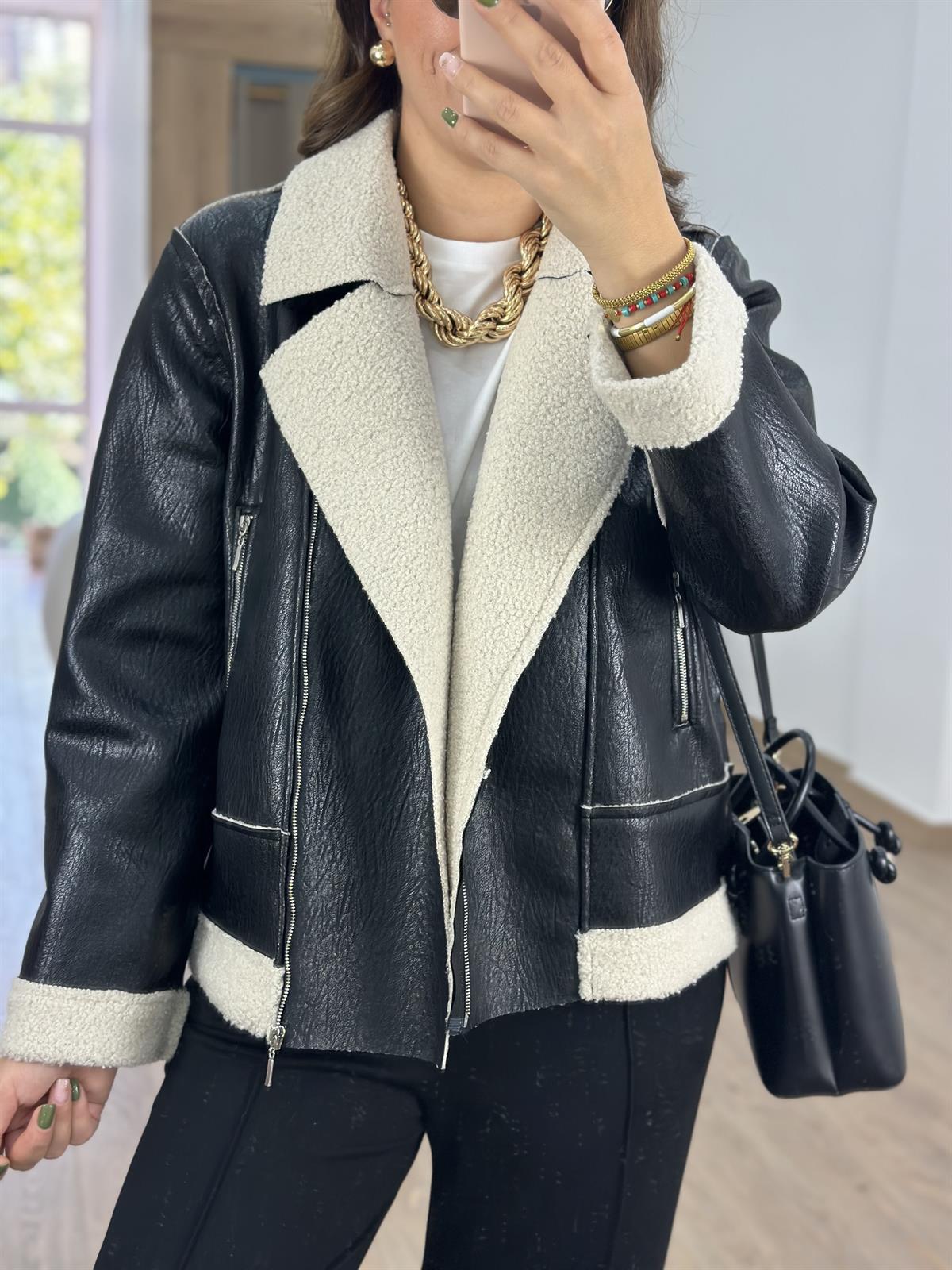 İçi Ekru Kürklü Biker Deri Mont