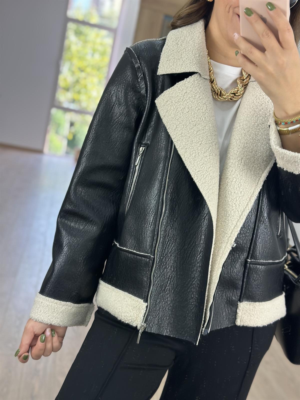 İçi Ekru Kürklü Biker Deri Mont