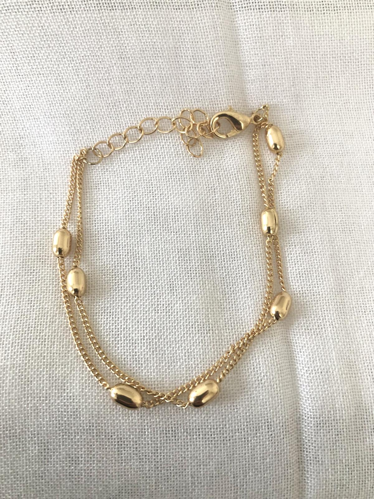 İnce Çift Zincir Bombeli Topçuklu Gold Bileklik