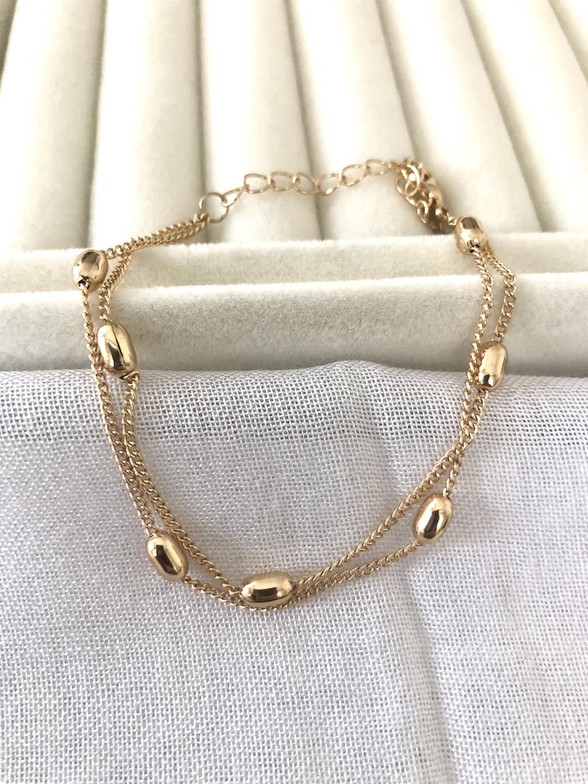 İnce Çift Zincir Bombeli Topçuklu Gold Bileklik
