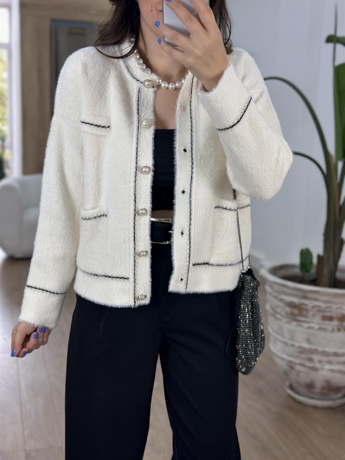 İnci Düğmeli Premium Triko Ceket-Ekru