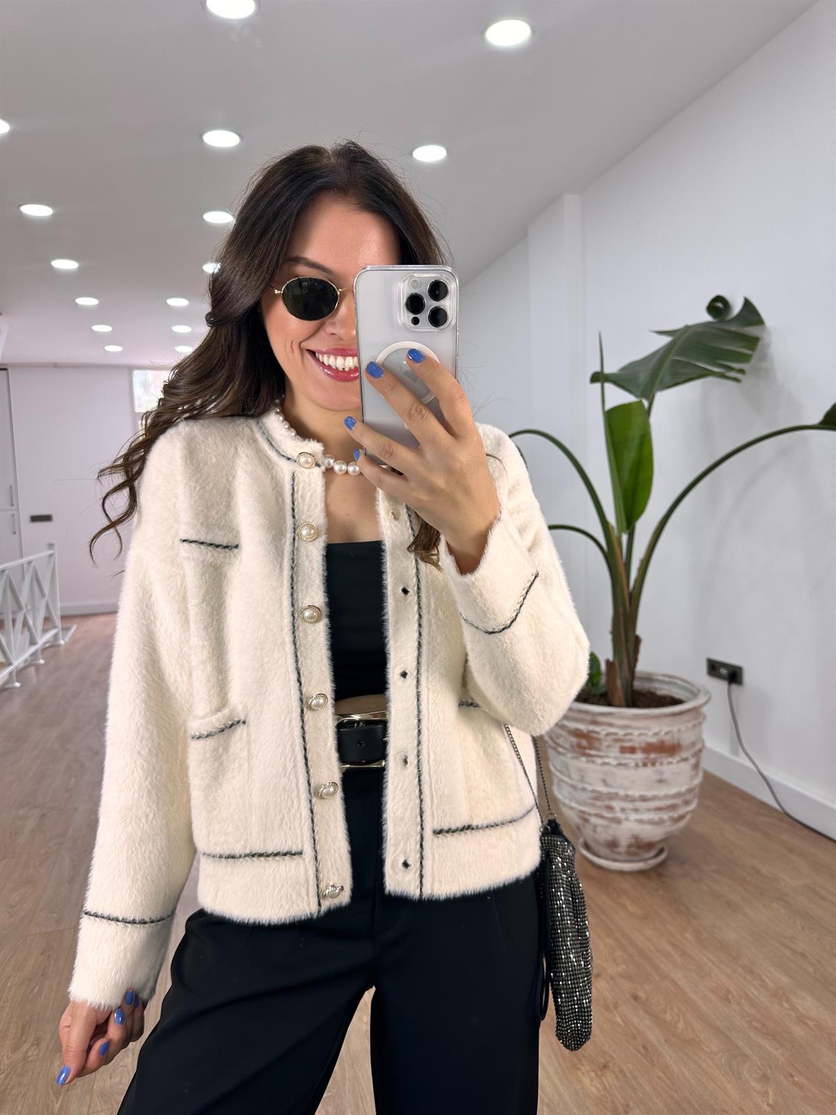 İnci Düğmeli Premium Triko Ceket-Ekru