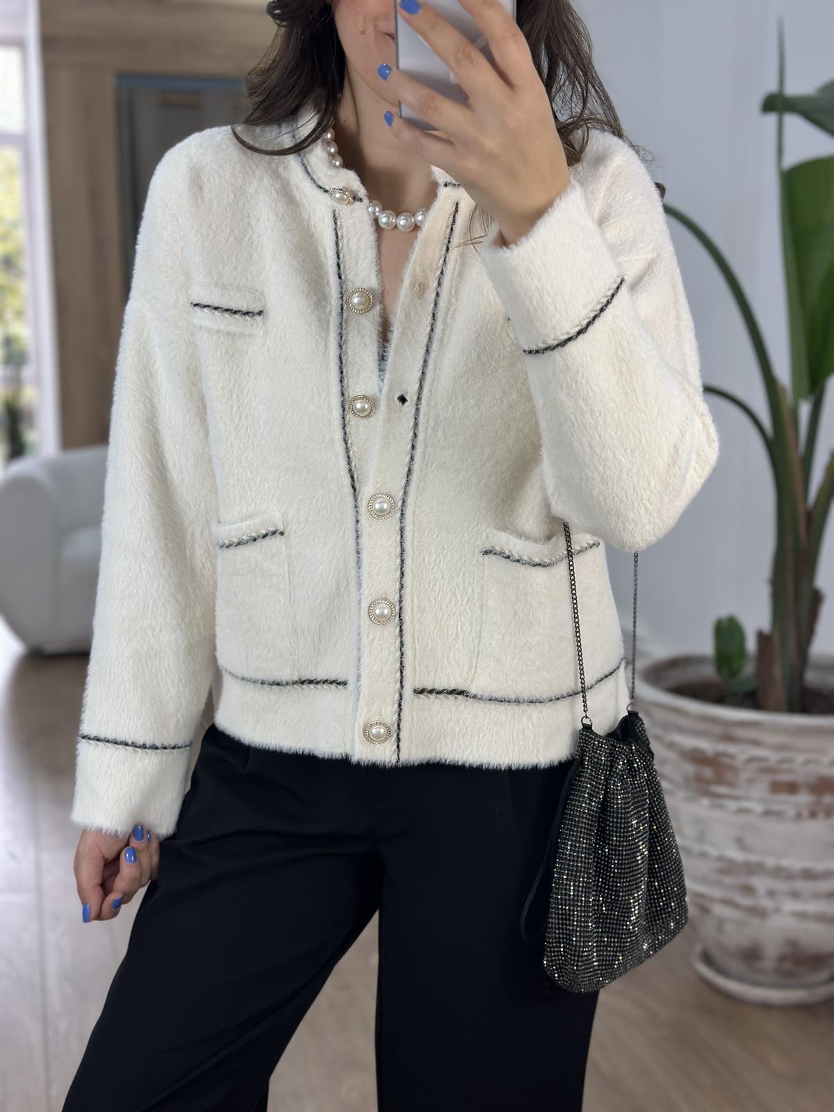 İnci Düğmeli Premium Triko Ceket-Ekru