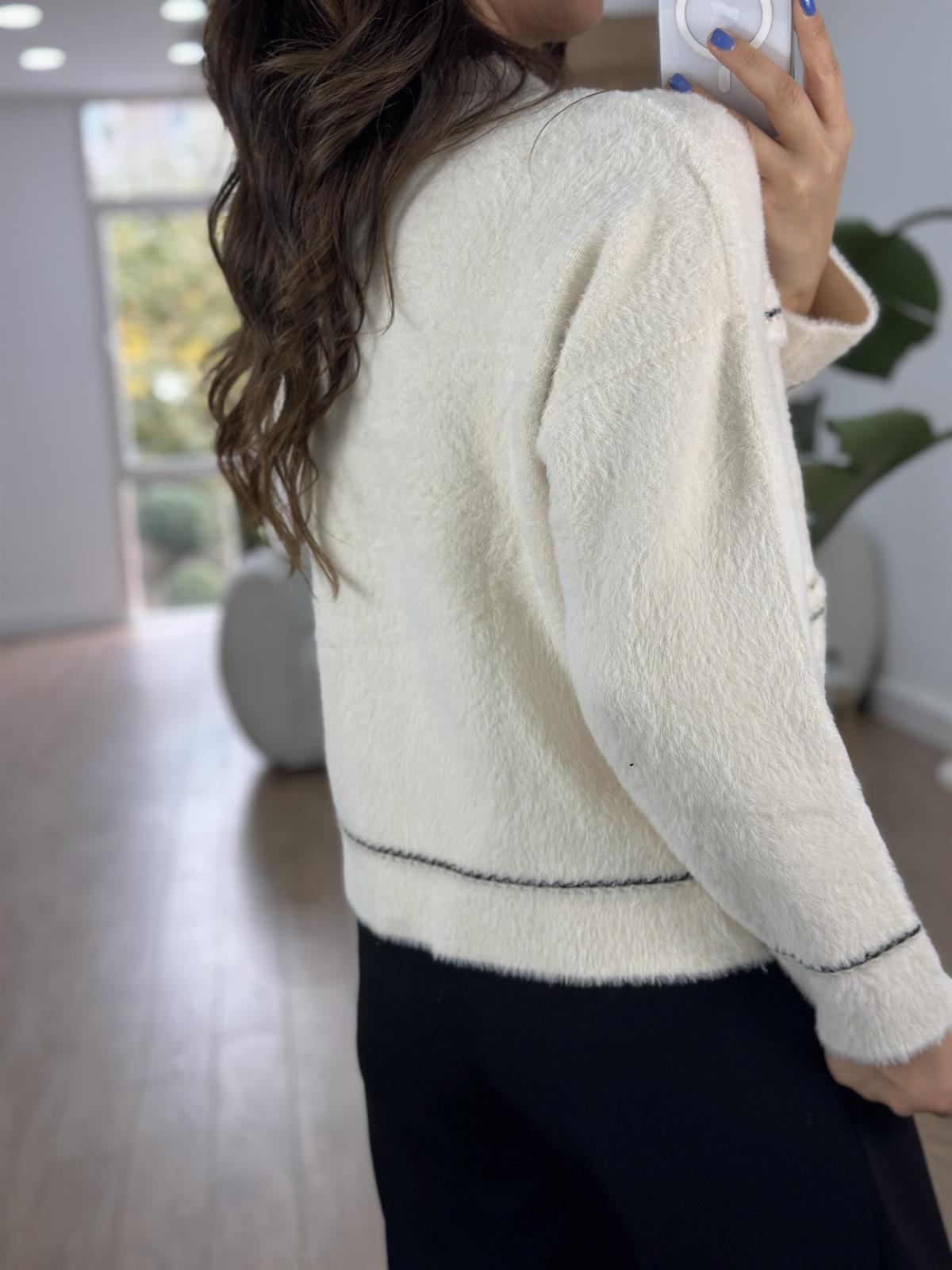 İnci Düğmeli Premium Triko Ceket-Ekru