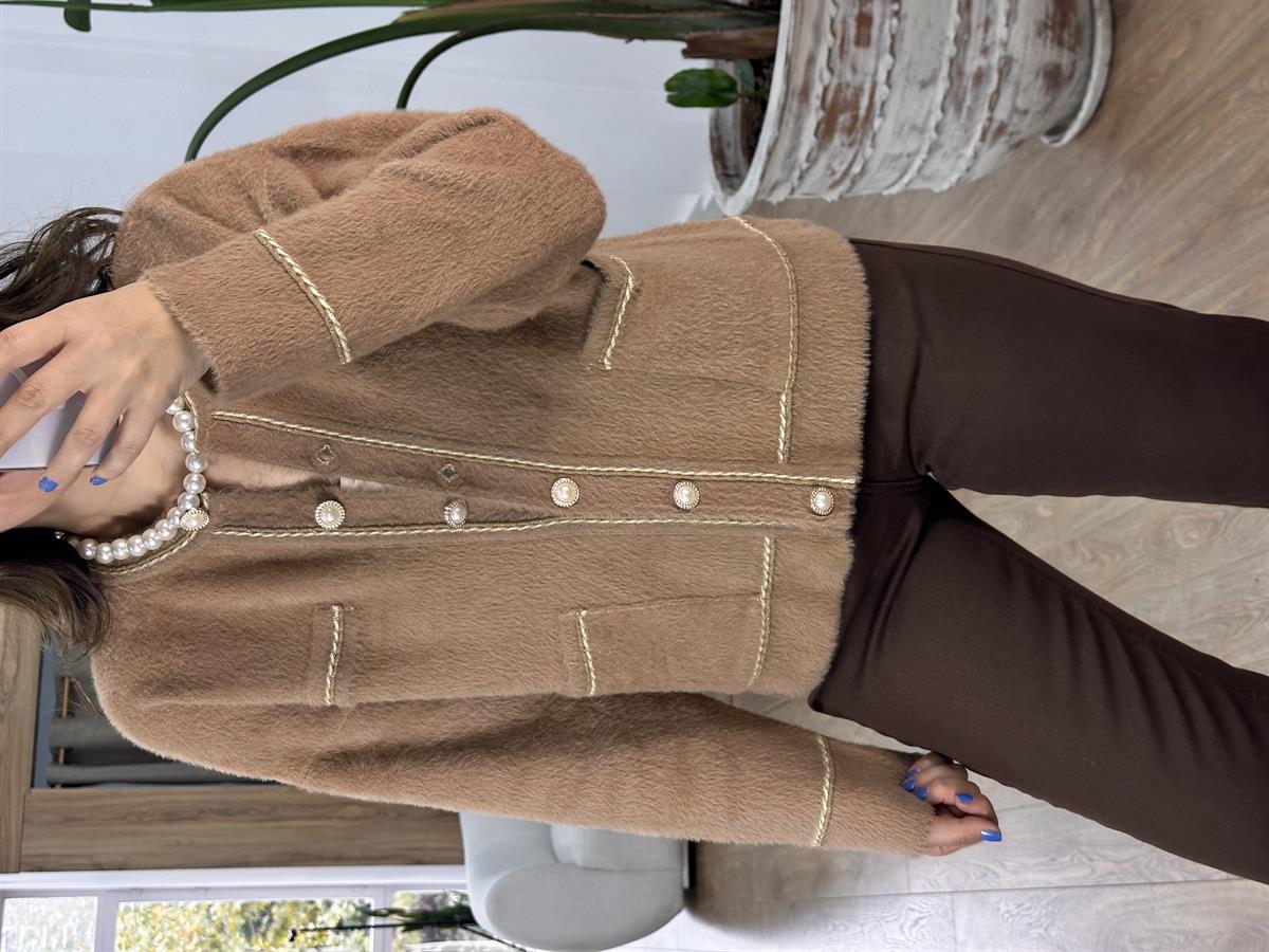 İnci Düğmeli Premium Triko Ceket-Kahve