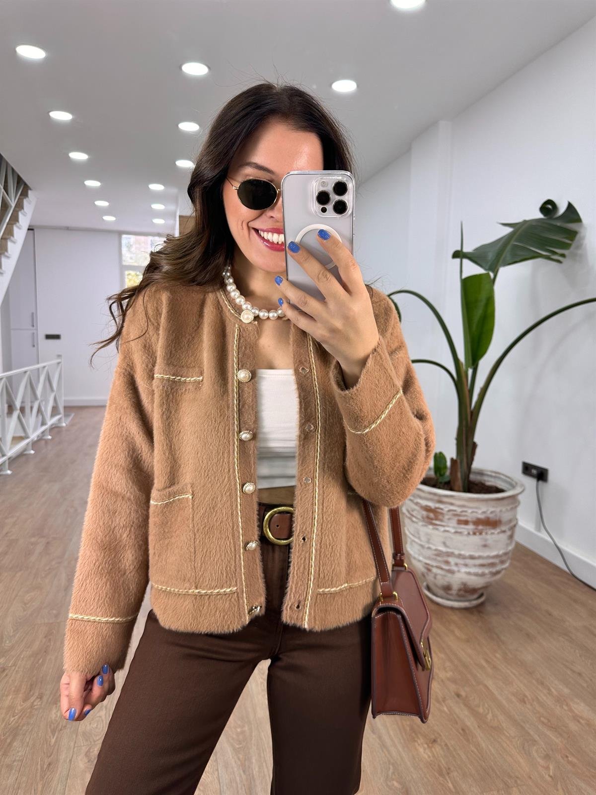 İnci Düğmeli Premium Triko Ceket-Kahve