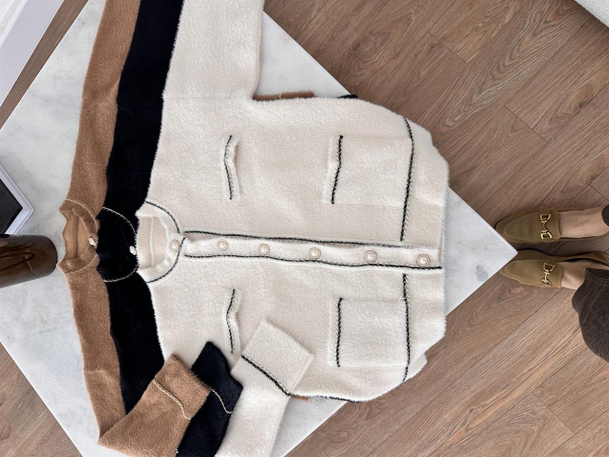 İnci Düğmeli Premium Triko Ceket-Kahve