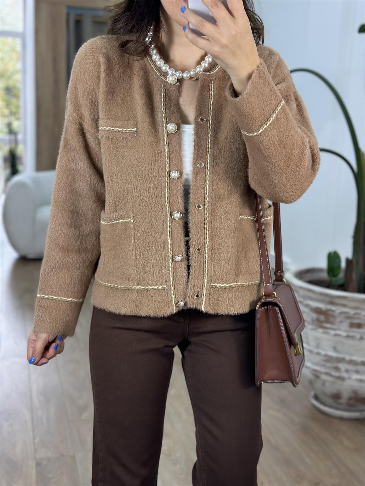 İnci Düğmeli Premium Triko Ceket-Kahve