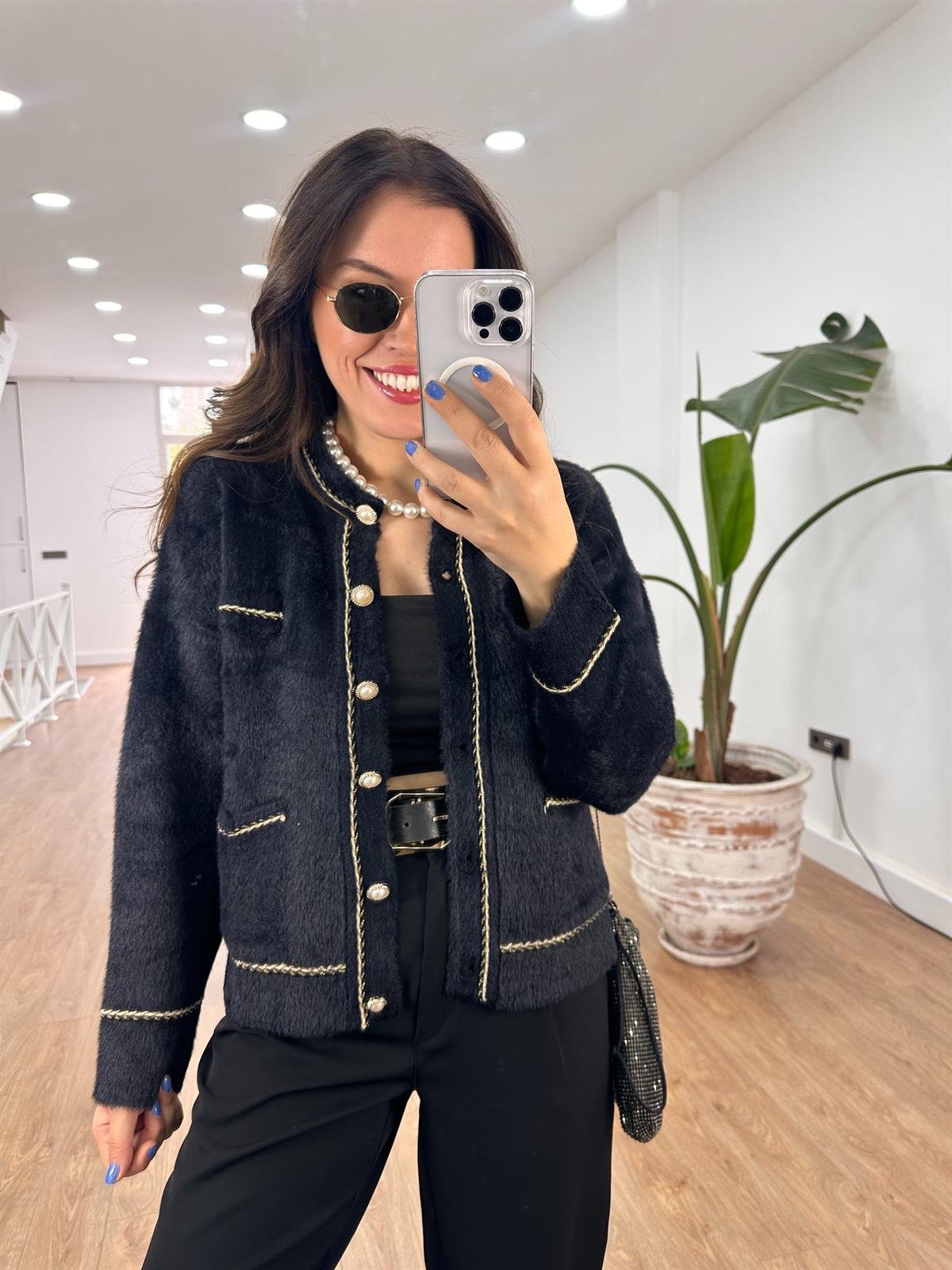 İnci Düğmeli Premium Triko Ceket - Siyah