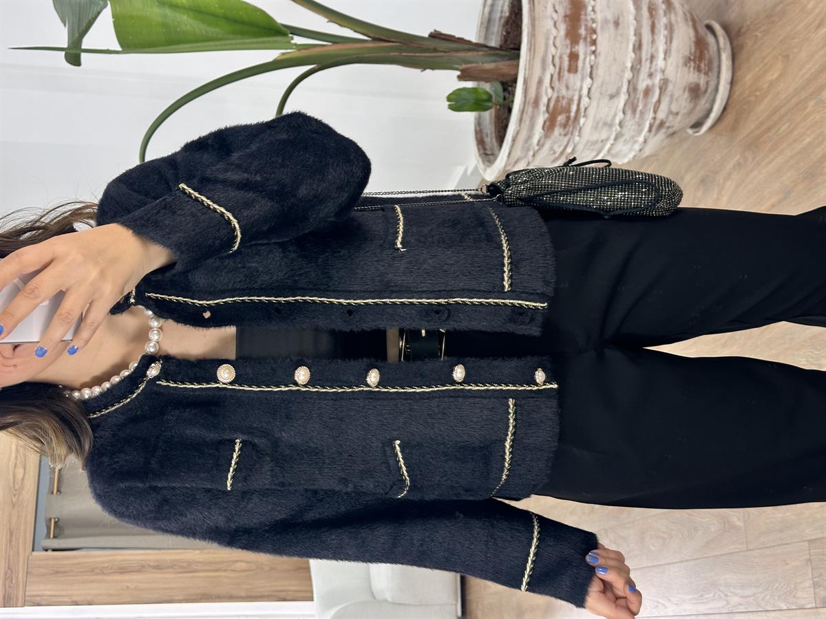 İnci Düğmeli Premium Triko Ceket - Siyah