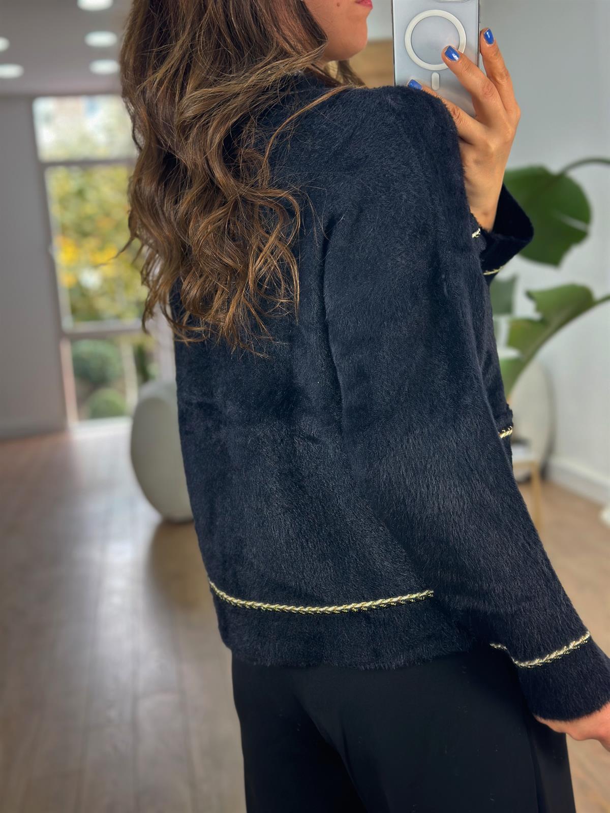 İnci Düğmeli Premium Triko Ceket - Siyah