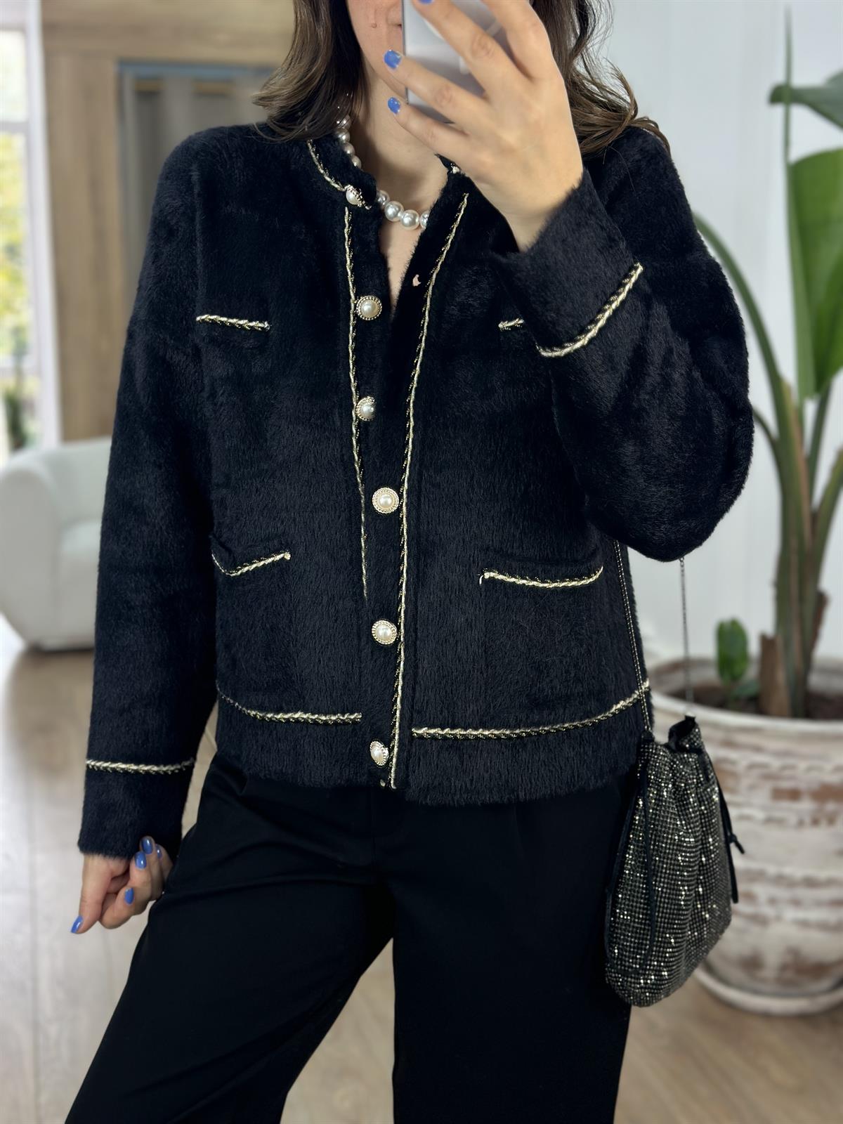 İnci Düğmeli Premium Triko Ceket - Siyah