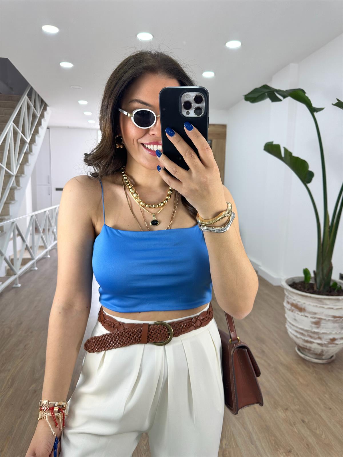 İp Askılı Çift Katlı Crop-Mavi