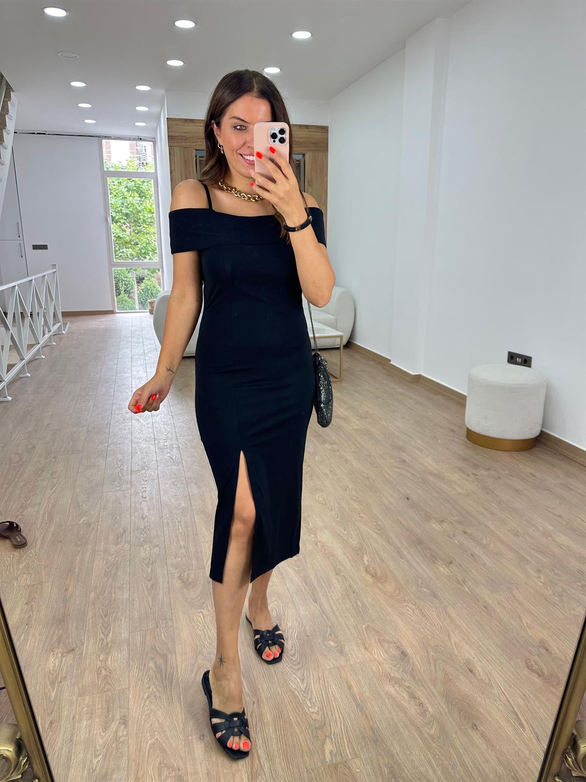 İp Askılı Düşük Omuzlu Midi Elbise