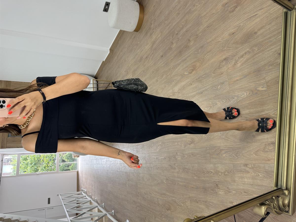 İp Askılı Düşük Omuzlu Midi Elbise