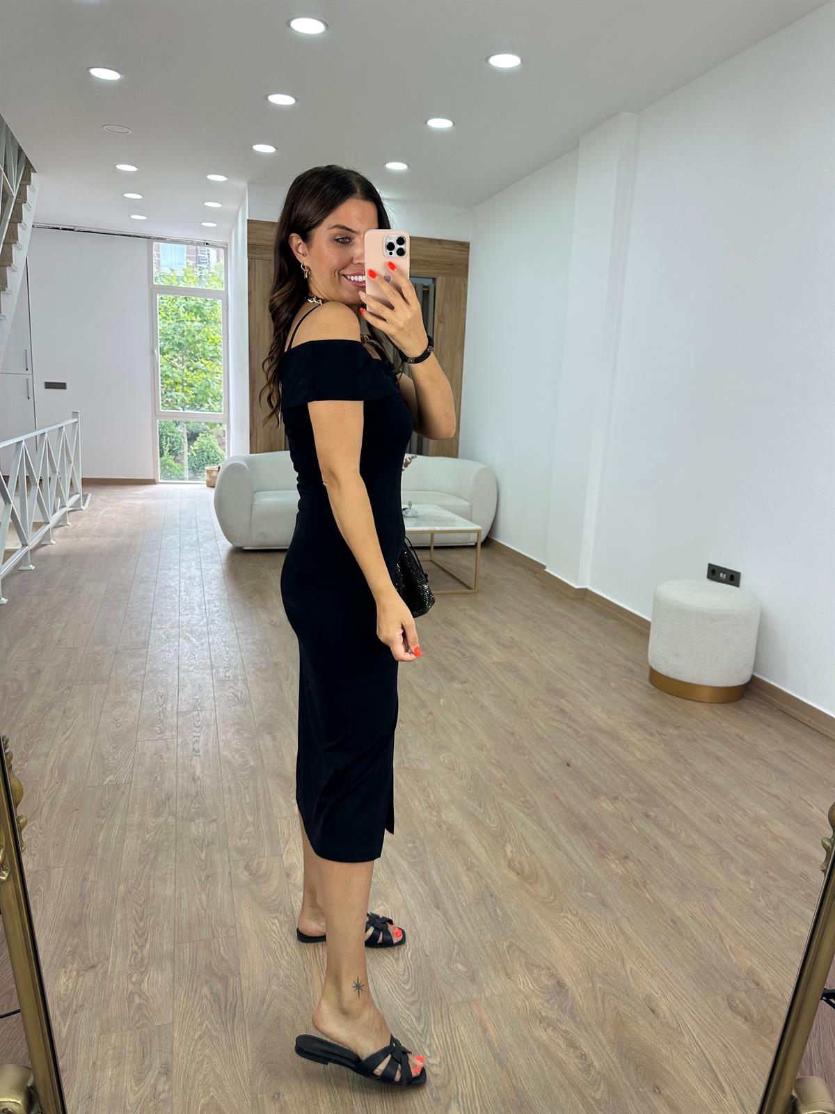 İp Askılı Düşük Omuzlu Midi Elbise