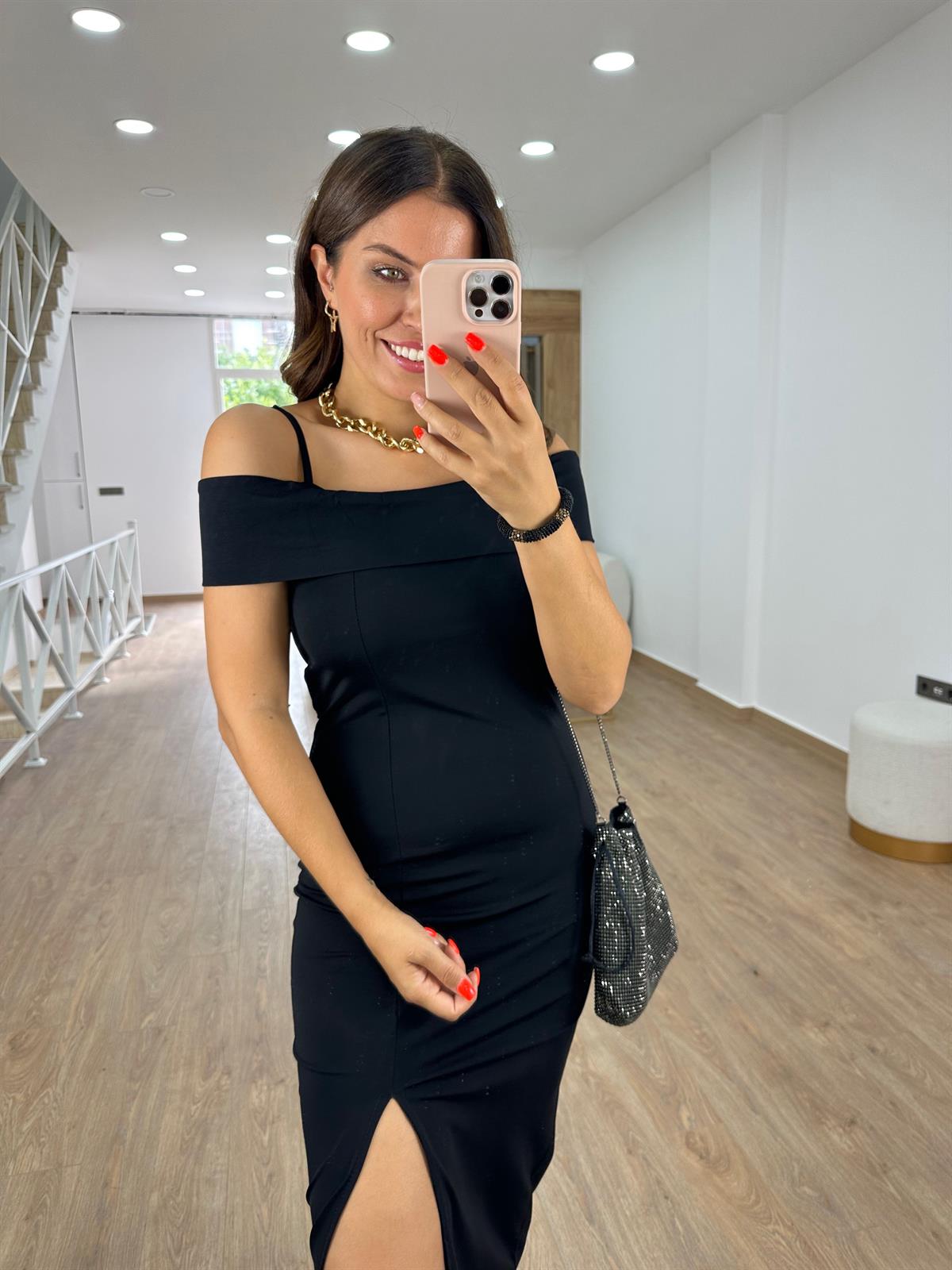 İp Askılı Düşük Omuzlu Midi Elbise