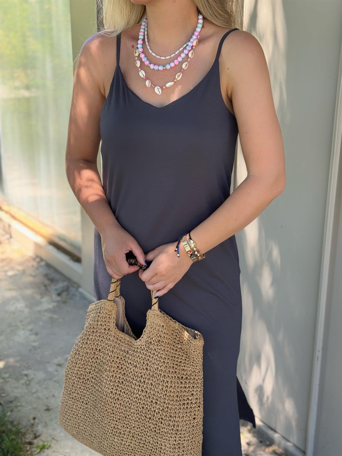 İp Askılı Midi Boy Modal Elbise-Antrasit