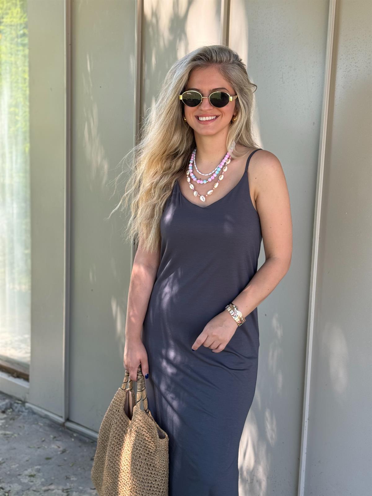 İp Askılı Midi Boy Modal Elbise-Antrasit