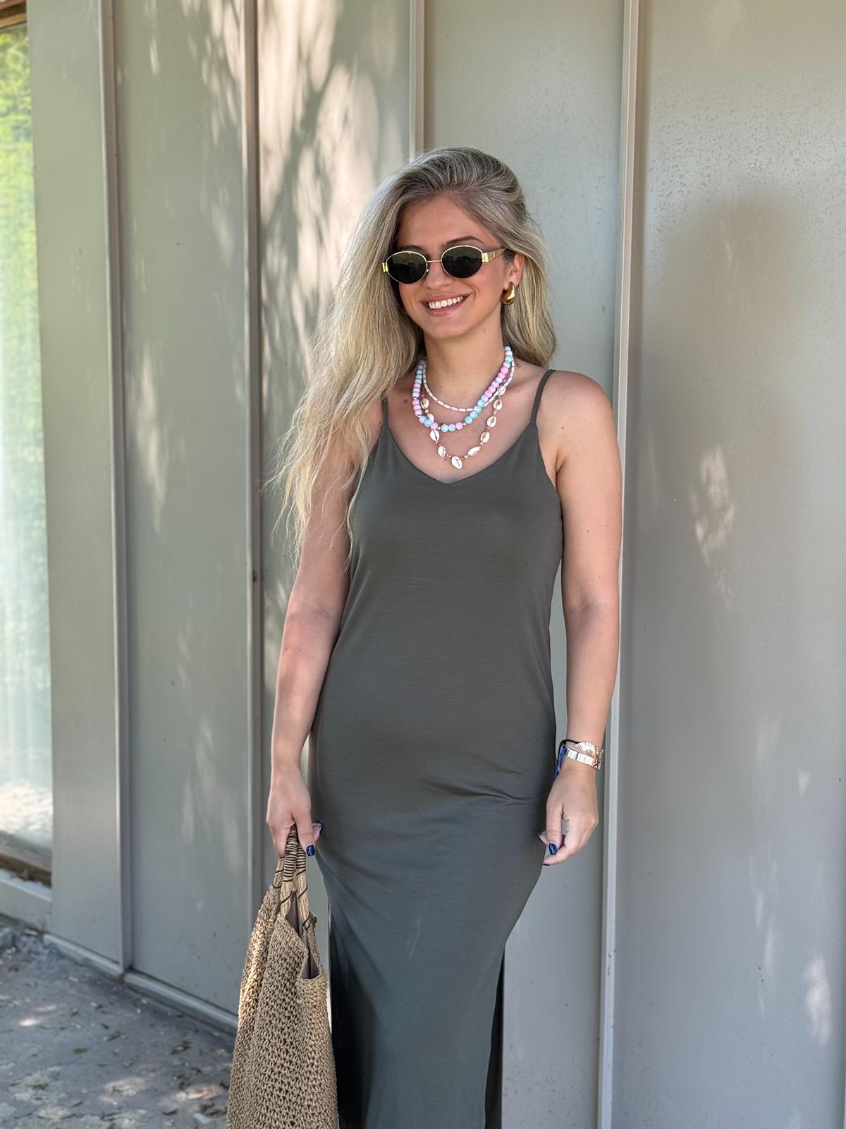 İp Askılı Midi Boy Modal Elbise-Haki