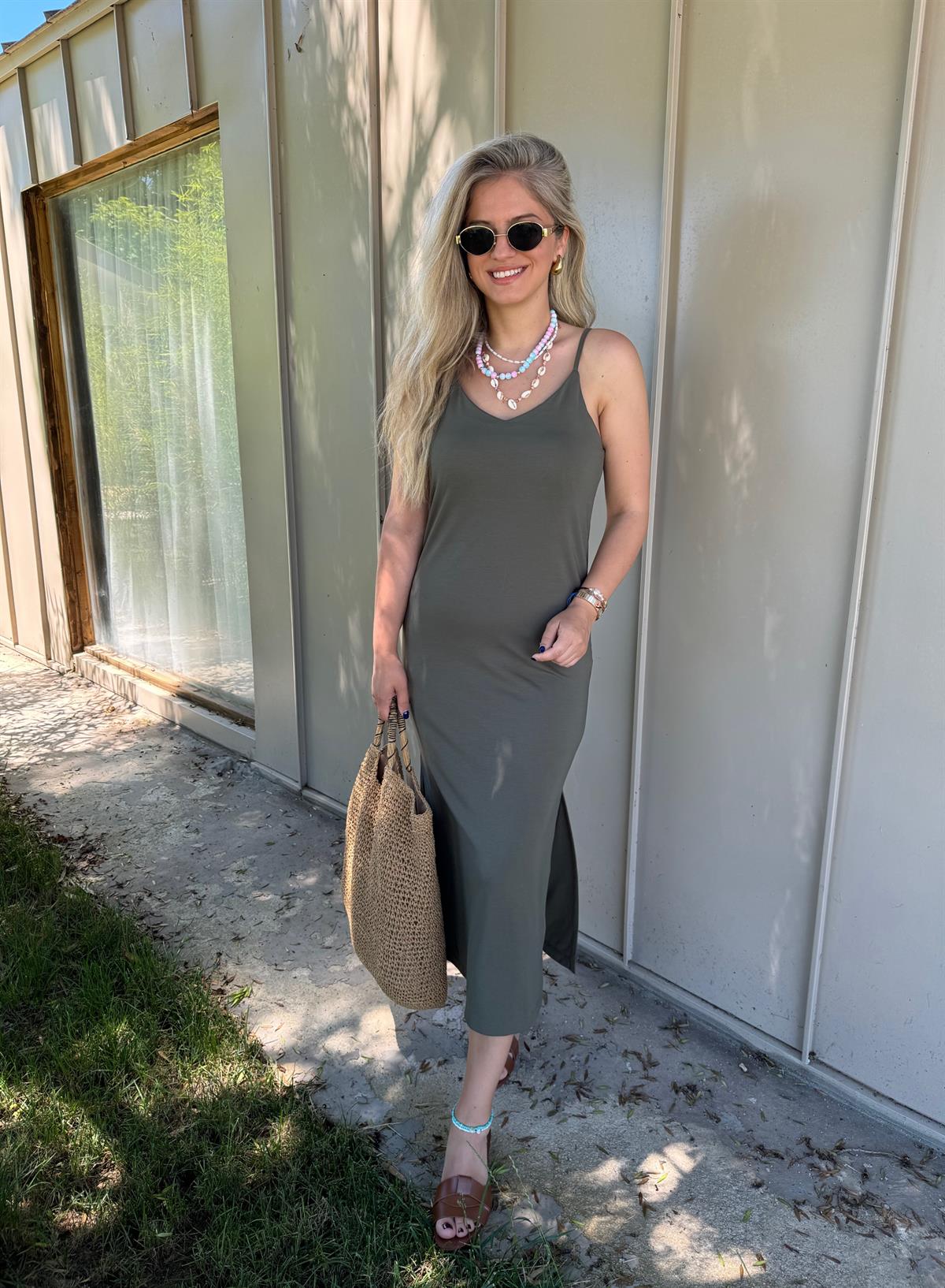 İp Askılı Midi Boy Modal Elbise-Haki