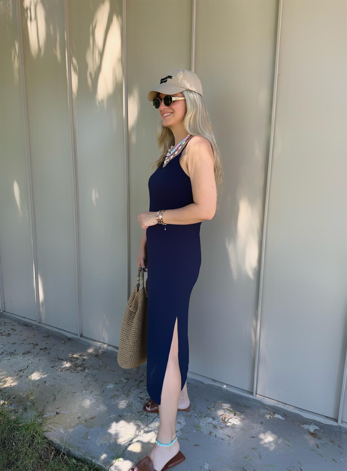 İp Askılı Midi Boy Modal Elbise-Lacivert