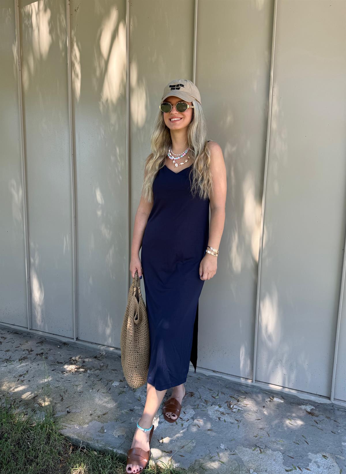 İp Askılı Midi Boy Modal Elbise-Lacivert