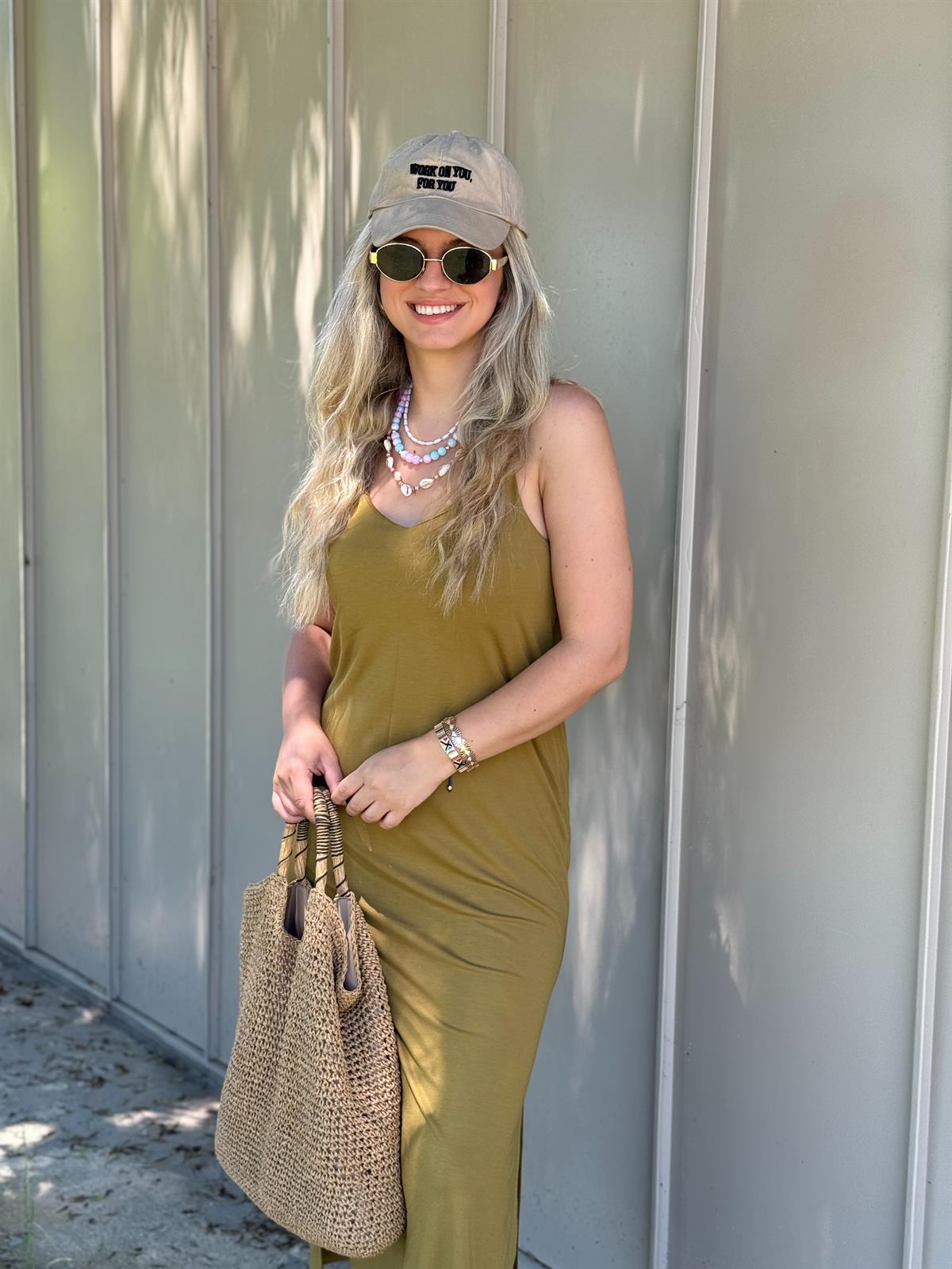 İp Askılı Midi Boy Modal Elbise-Olive