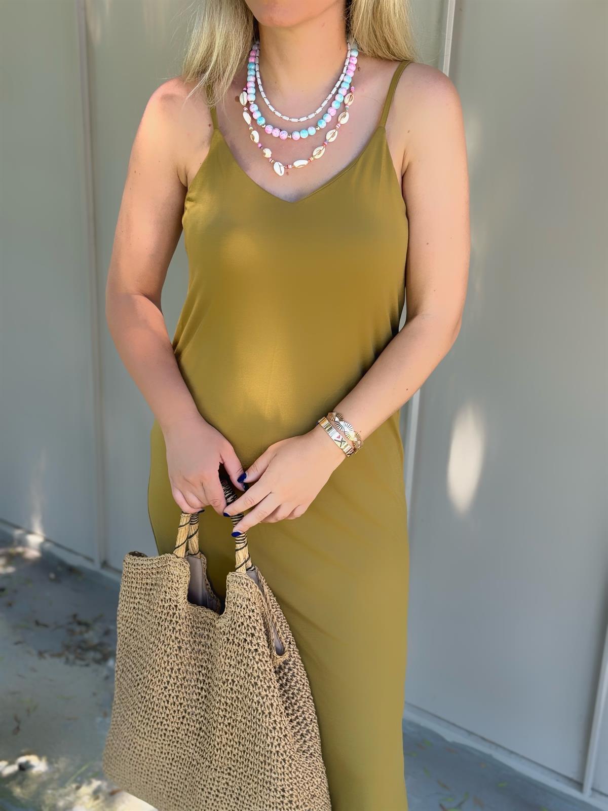 İp Askılı Midi Boy Modal Elbise-Olive