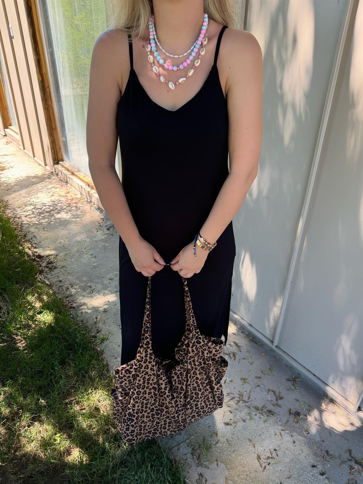 İp Askılı Midi Boy Modal Elbise-Siyah