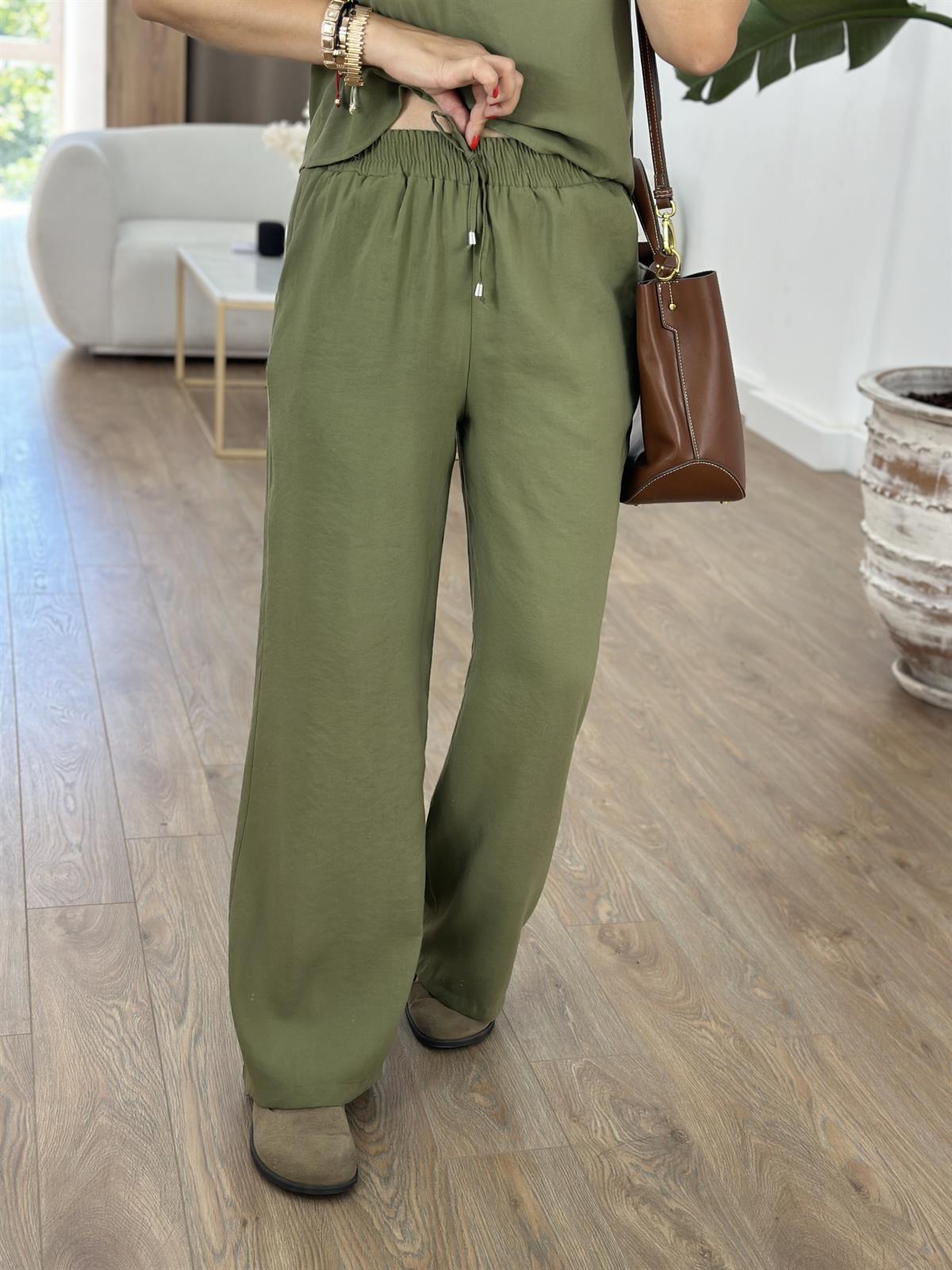 İp Askılı Palazzo Pantolonlu Tiril Takım-Yeşil