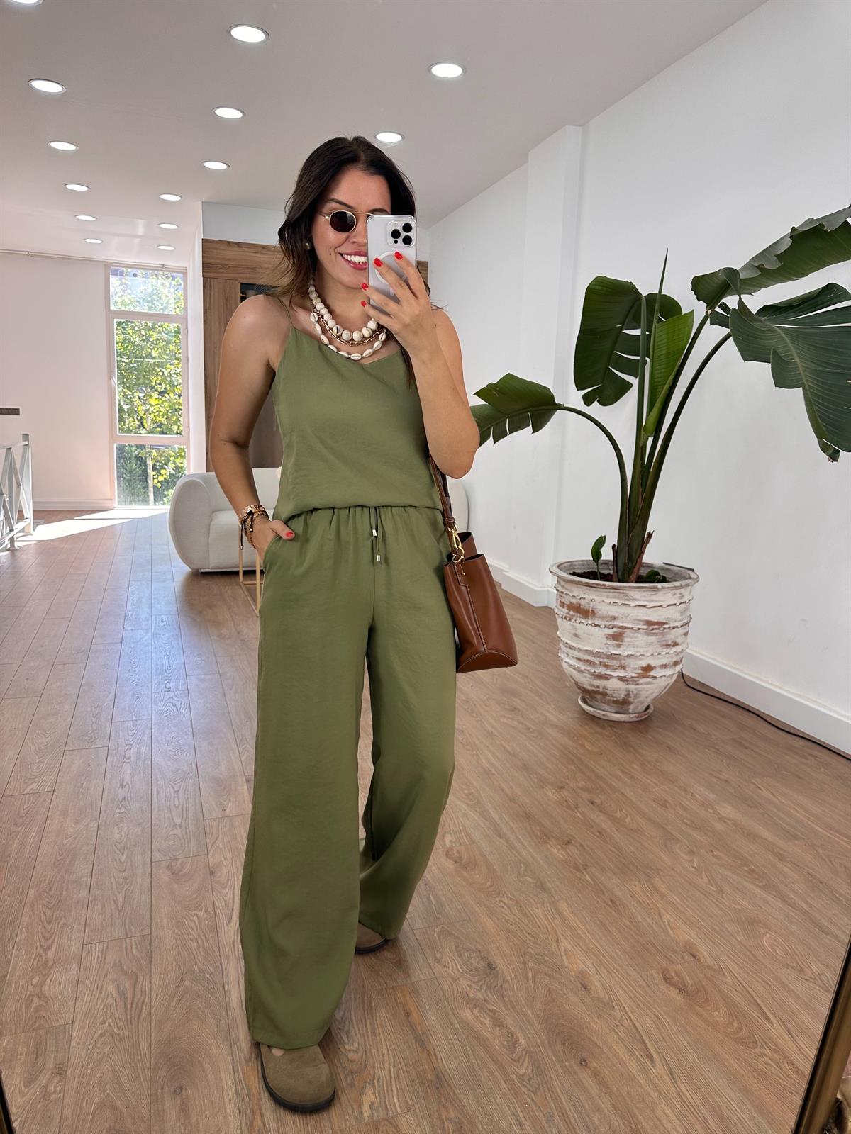 İp Askılı Palazzo Pantolonlu Tiril Takım-Yeşil