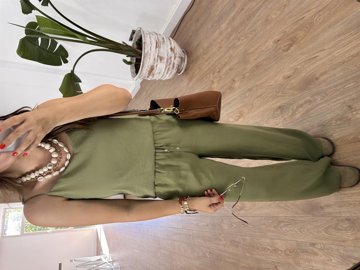 İp Askılı Palazzo Pantolonlu Tiril Takım-Yeşil