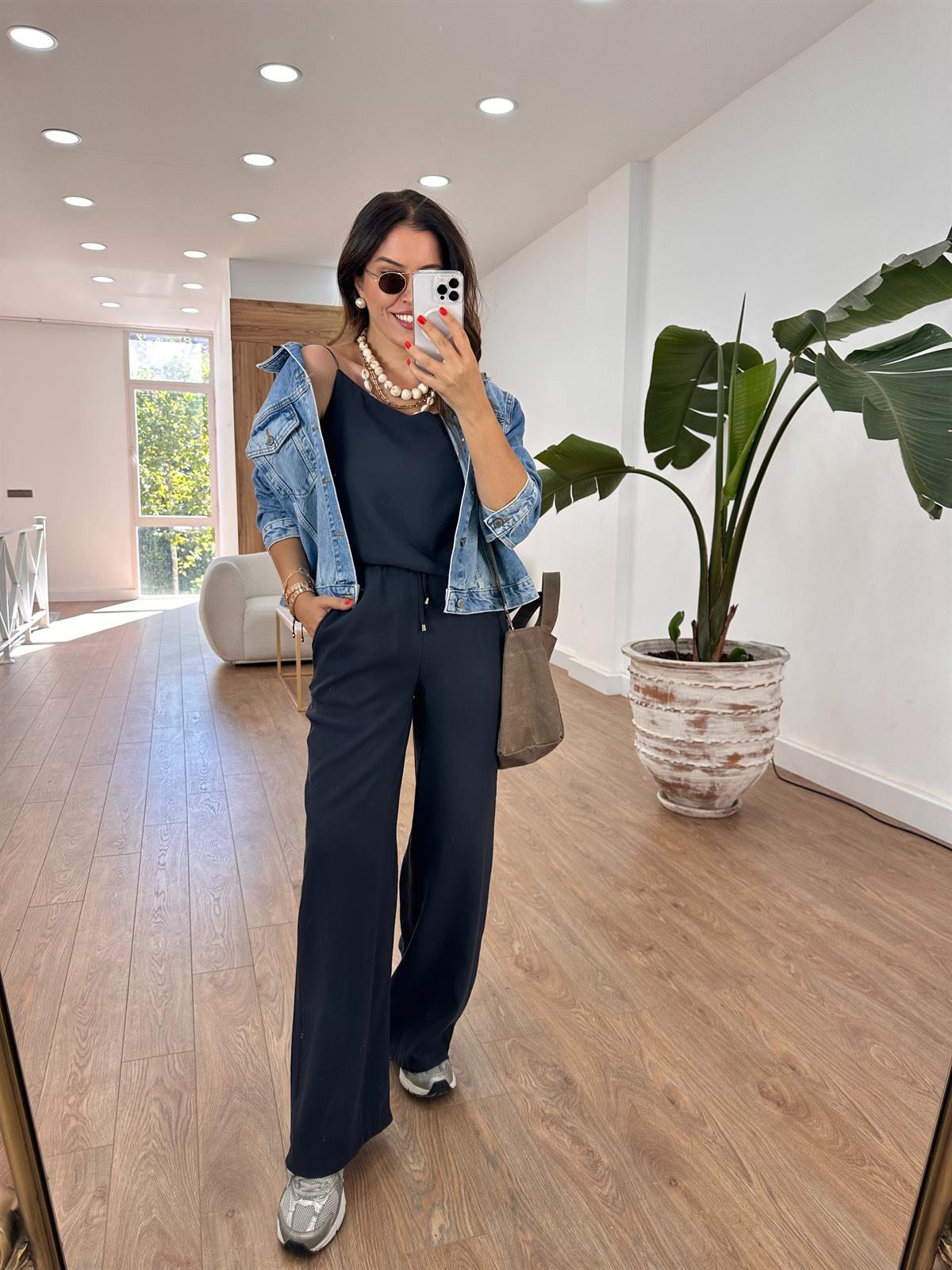 İp Askılı Palazzo Pantolonlu Tiril Takım-Antrasit