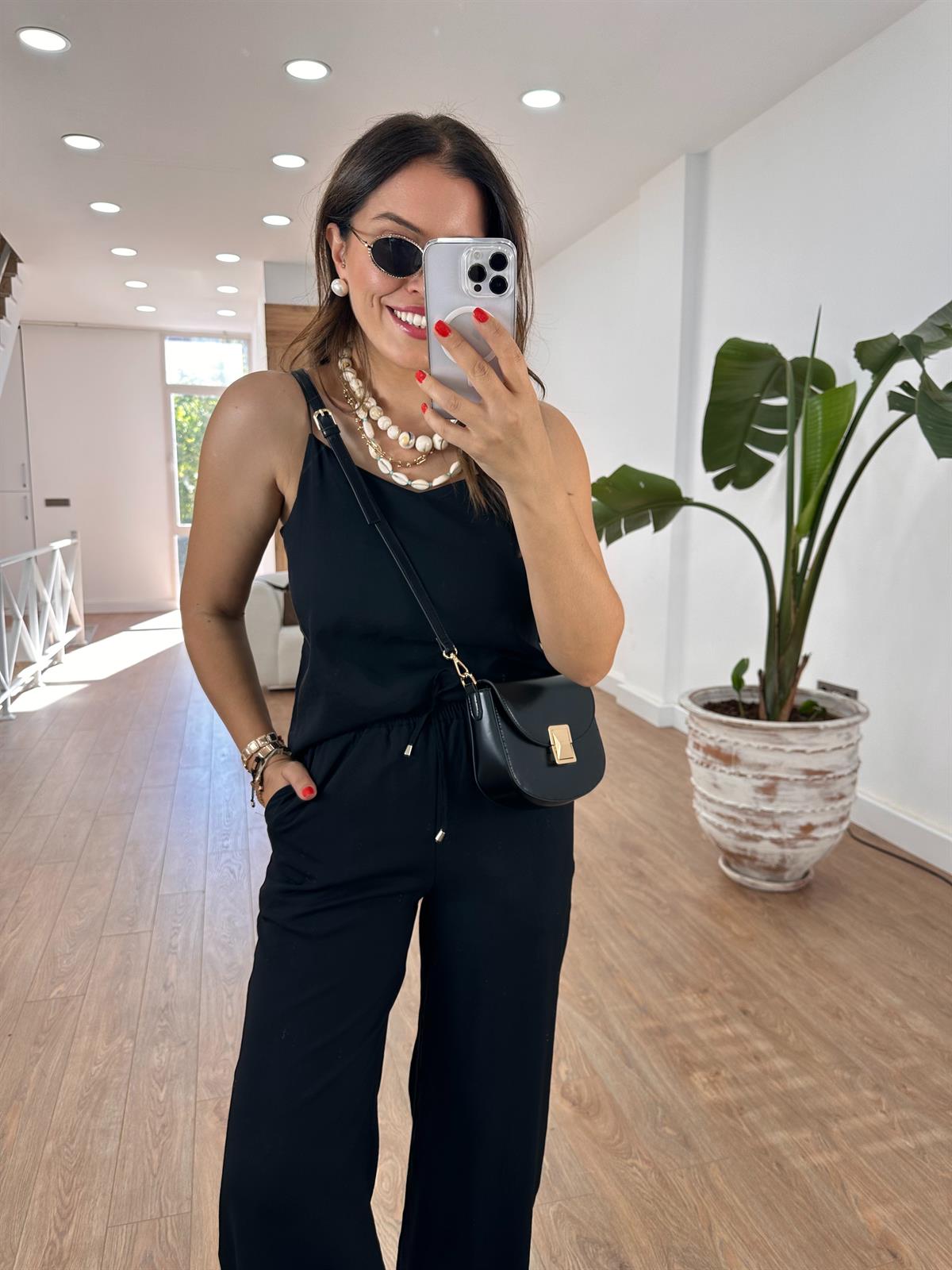 İp Askılı Palazzo Pantolonlu Tiril Takım-Siyah