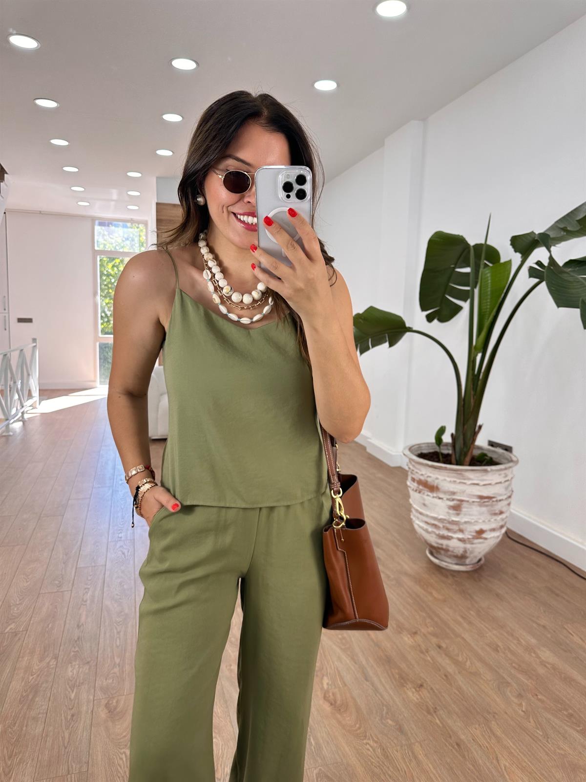 İp Askılı Palazzo Pantolonlu Tiril Takım-Yeşil