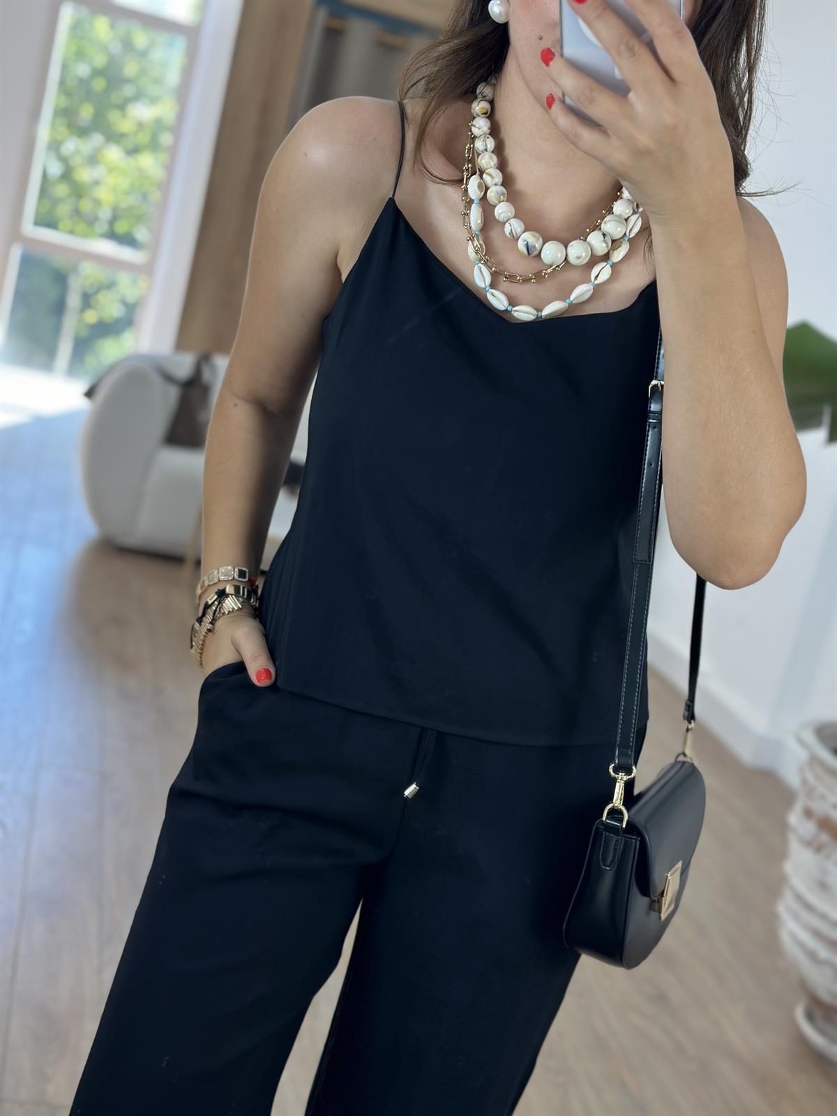 İp Askılı Palazzo Pantolonlu Tiril Takım-Siyah