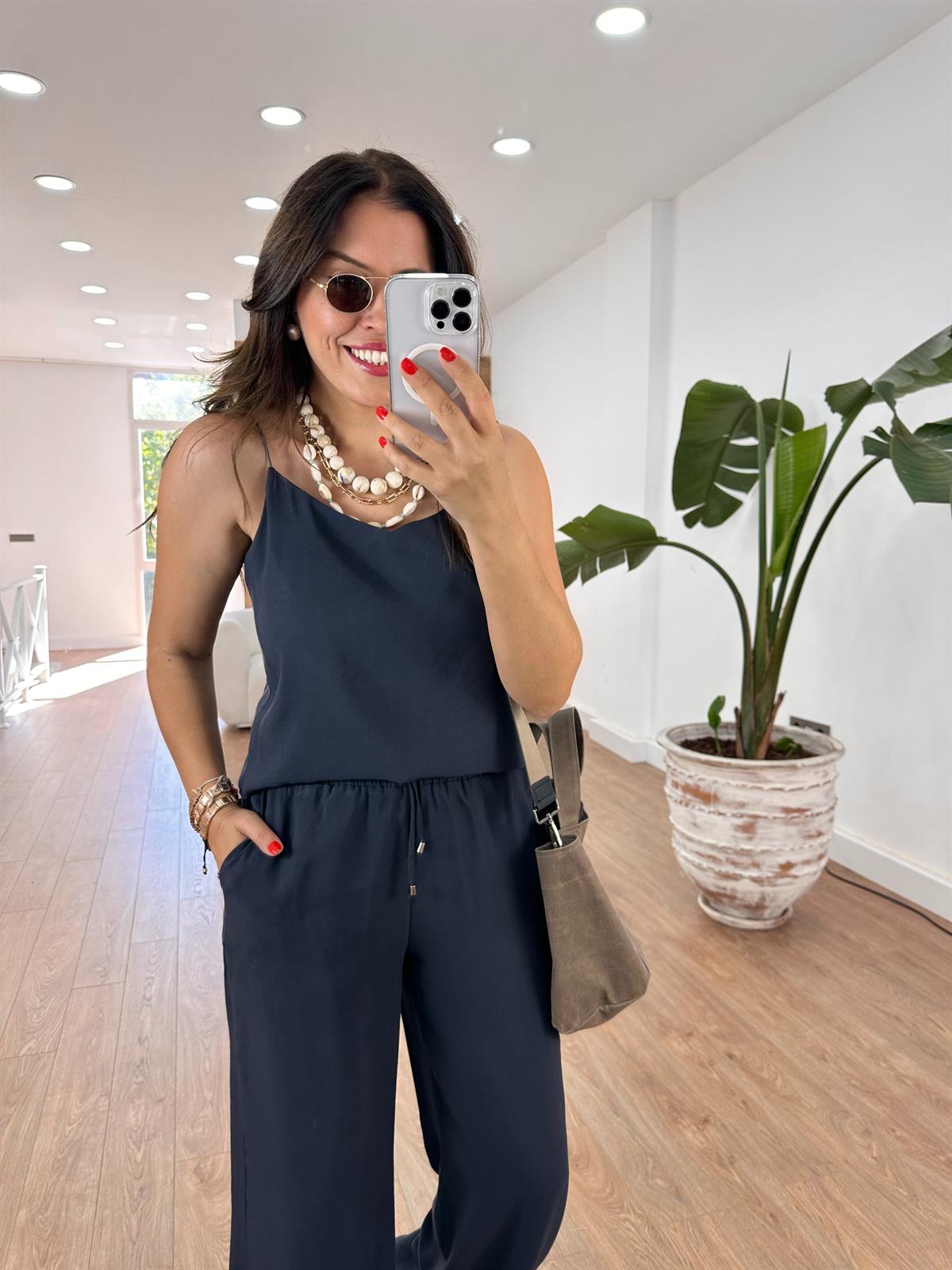 İp Askılı Palazzo Pantolonlu Tiril Takım-Antrasit