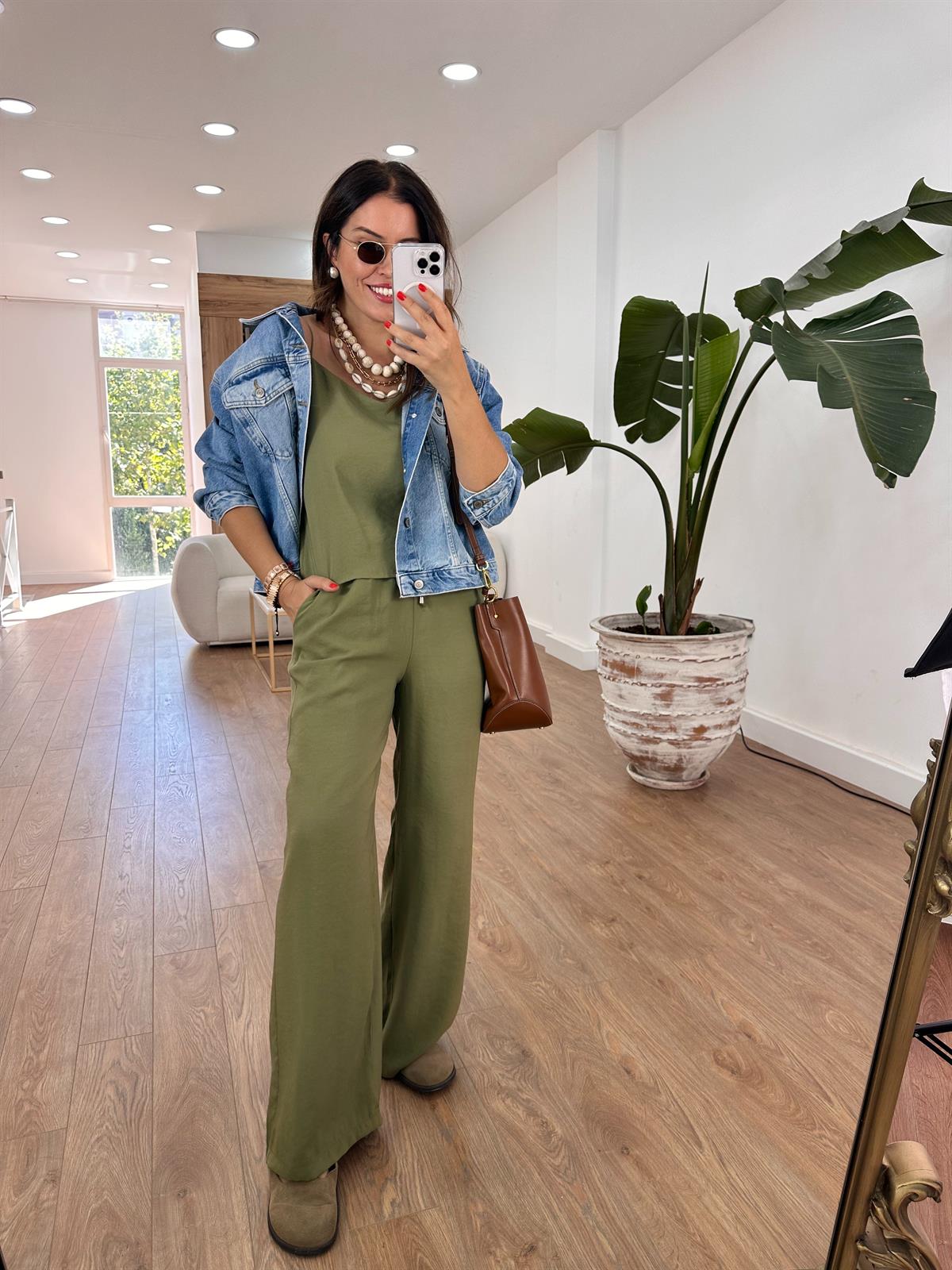 İp Askılı Palazzo Pantolonlu Tiril Takım-Yeşil