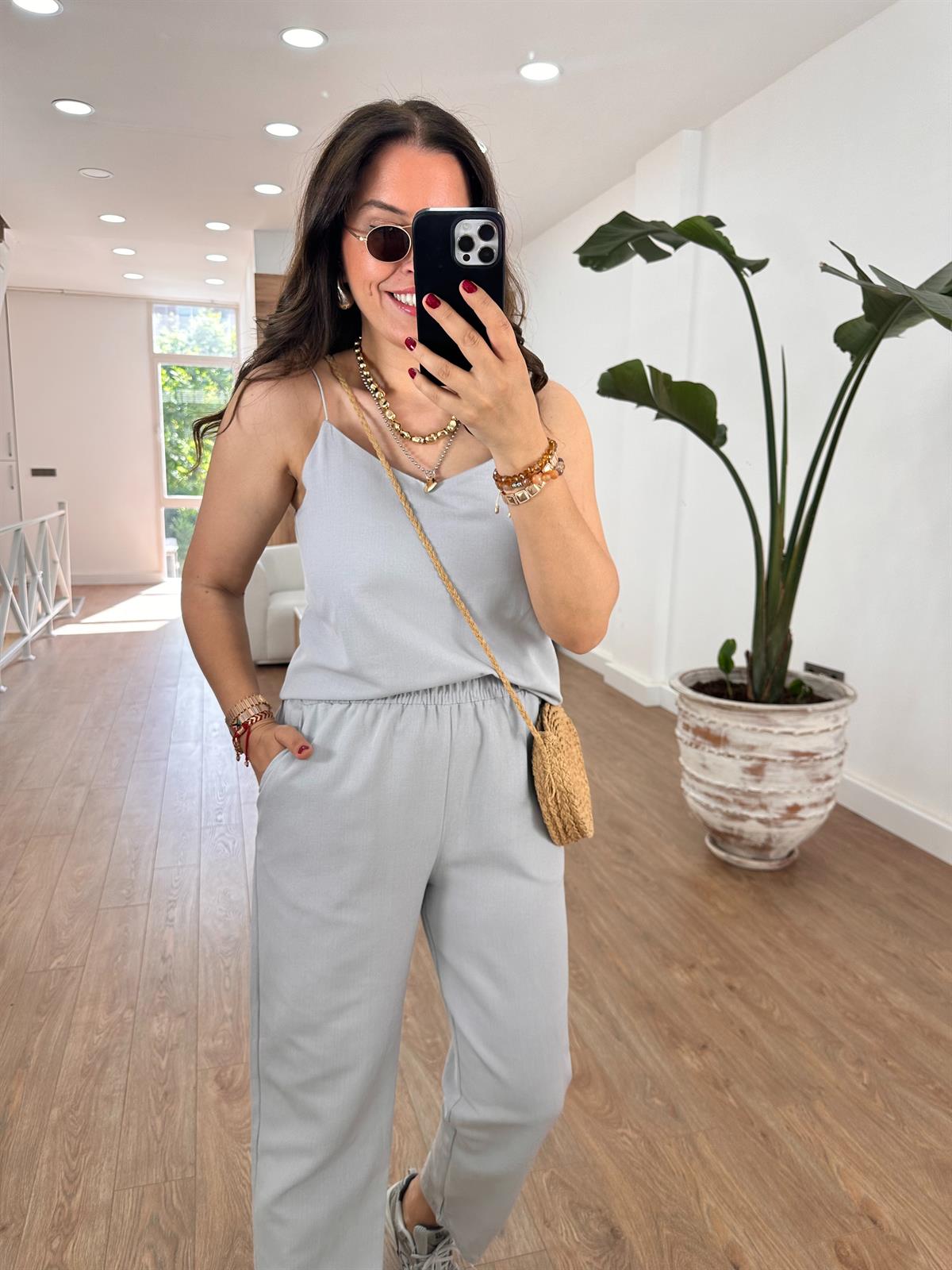 İp Askılı Pamuk Keten Takım-Gri