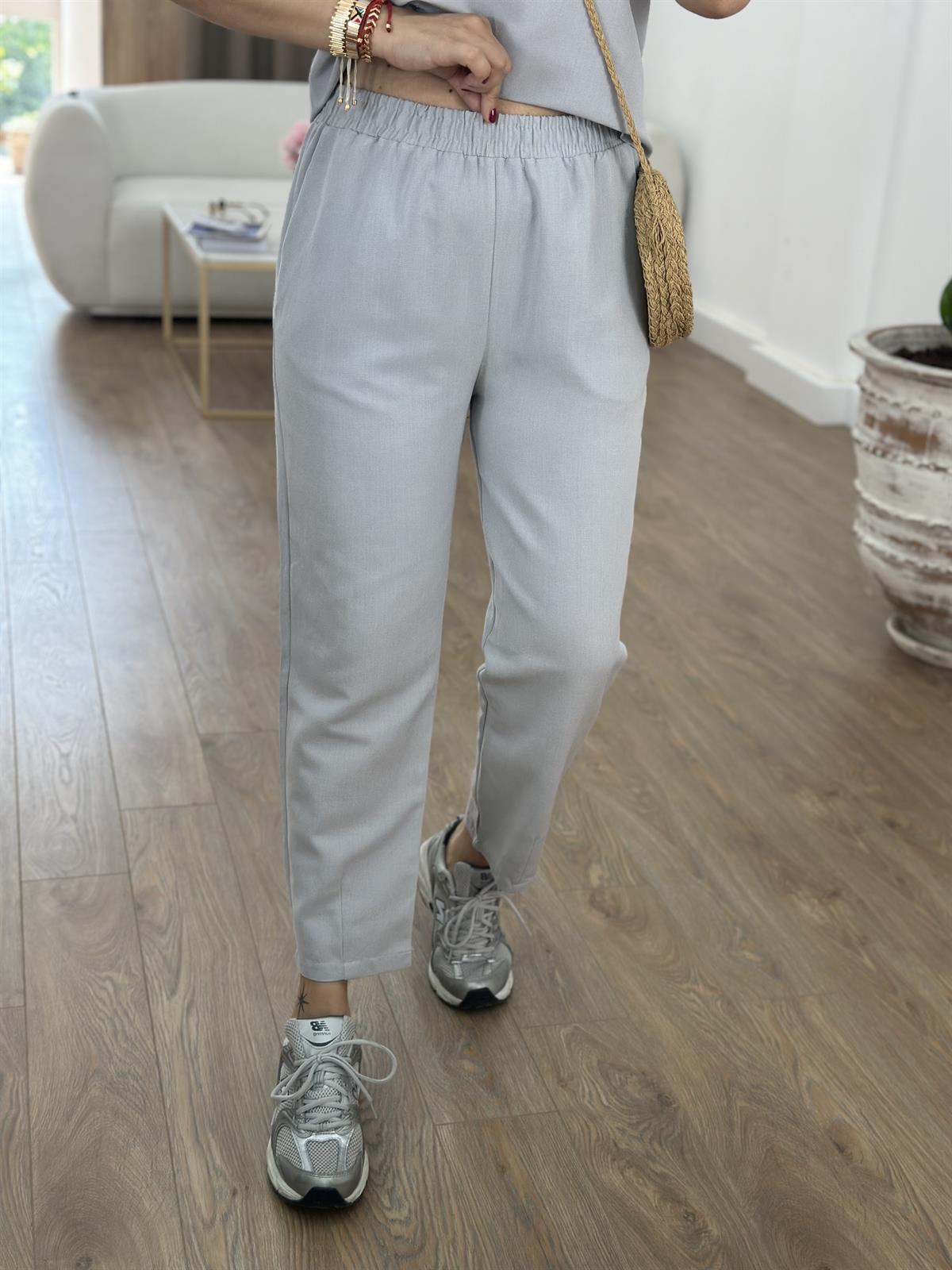 İp Askılı Pamuk Keten Takım-Gri