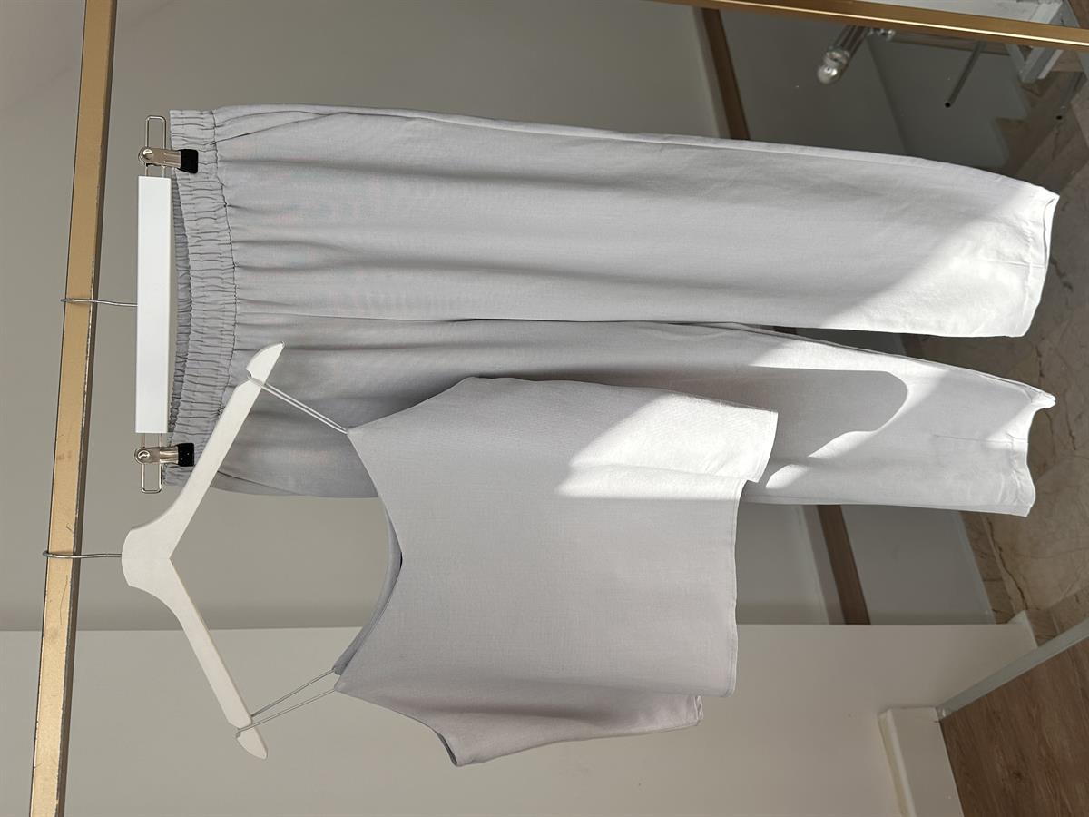 İp Askılı Pamuk Keten Takım-Gri